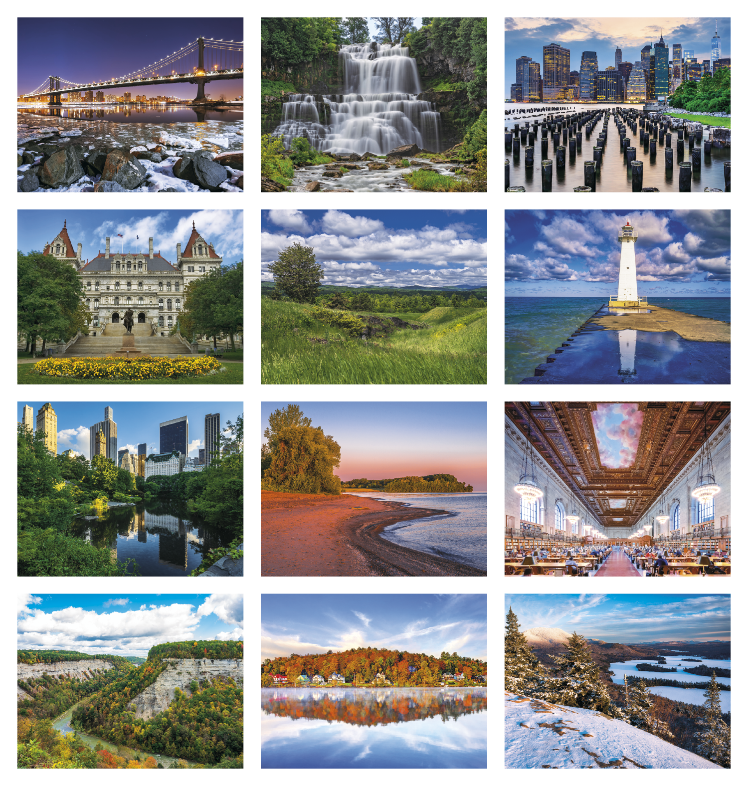 New York Stapled Calendar featuring photographs of New York landmarks, city skylines, and scenic landscapes, glossy paper pages with a stapled binding, monthly calendar grids, and a wall calendar design for home, office, and scheduling.