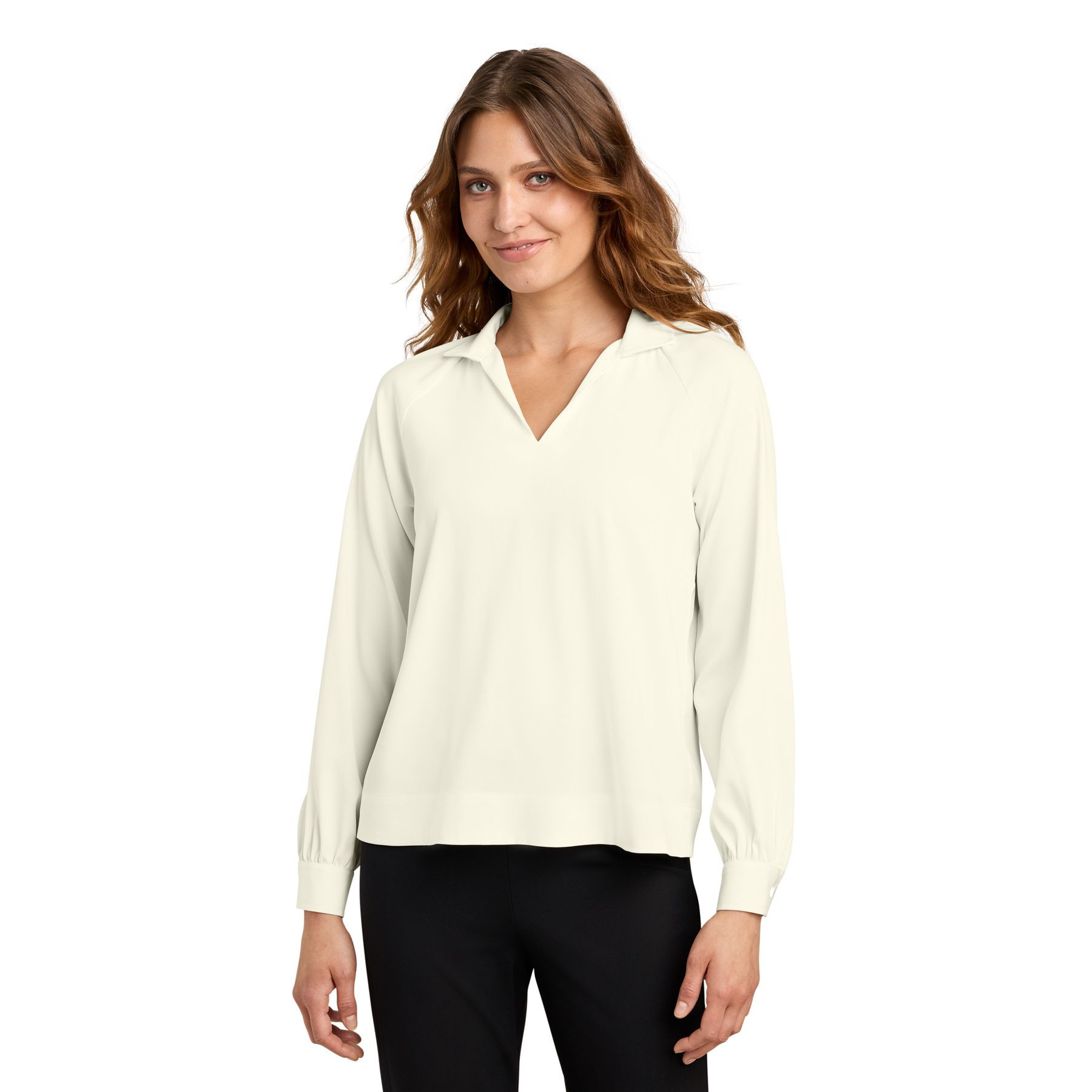 Ivory Chiffon Mercer+Mettle® Women’s Long Sleeve Buttery Soft Popover Blouse, silky polyester and spandex twill blouse with a split V-neck popover design, pointed collar, long sleeves with button cuffs, and a relaxed fit for office, business casual, and everyday wear.