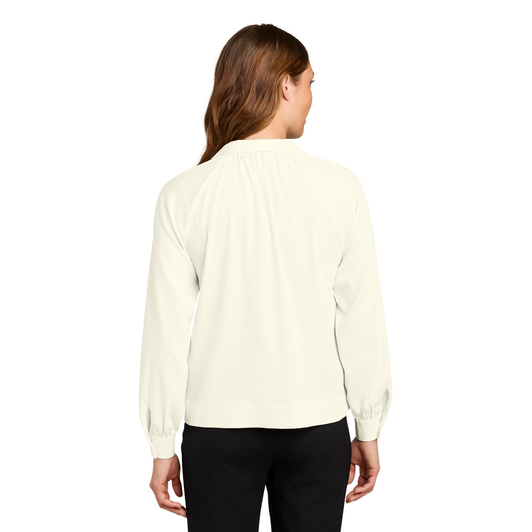 Ivory Chiffon Mercer+Mettle® Women’s Long Sleeve Buttery Soft Popover Blouse, silky polyester and spandex twill blouse with a split V-neck popover design, pointed collar, long sleeves with button cuffs, and a relaxed fit for office, business casual, and everyday wear.