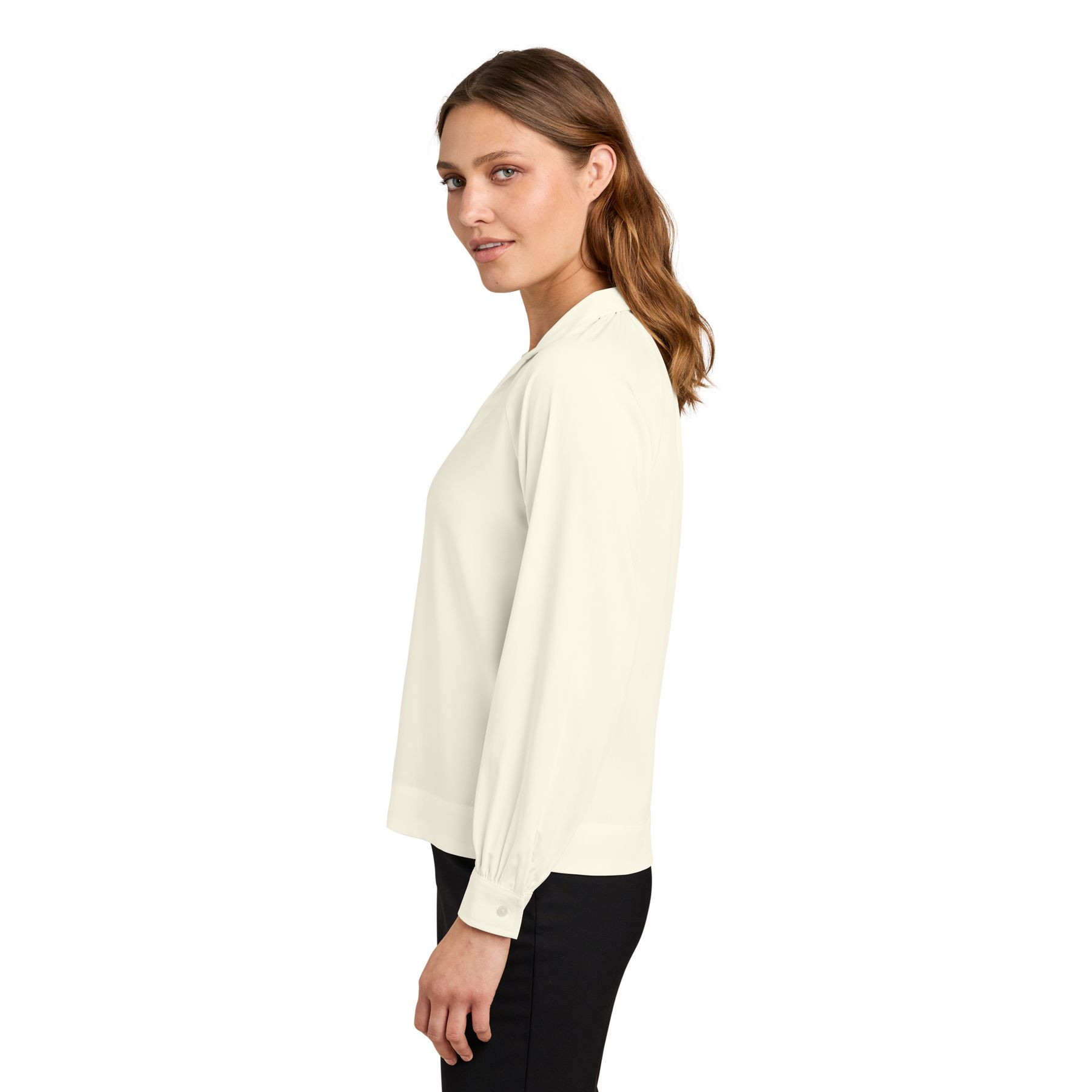 Ivory Chiffon Mercer+Mettle® Women’s Long Sleeve Buttery Soft Popover Blouse, silky polyester and spandex twill blouse with a split V-neck popover design, pointed collar, long sleeves with button cuffs, and a relaxed fit for office, business casual, and everyday wear.
