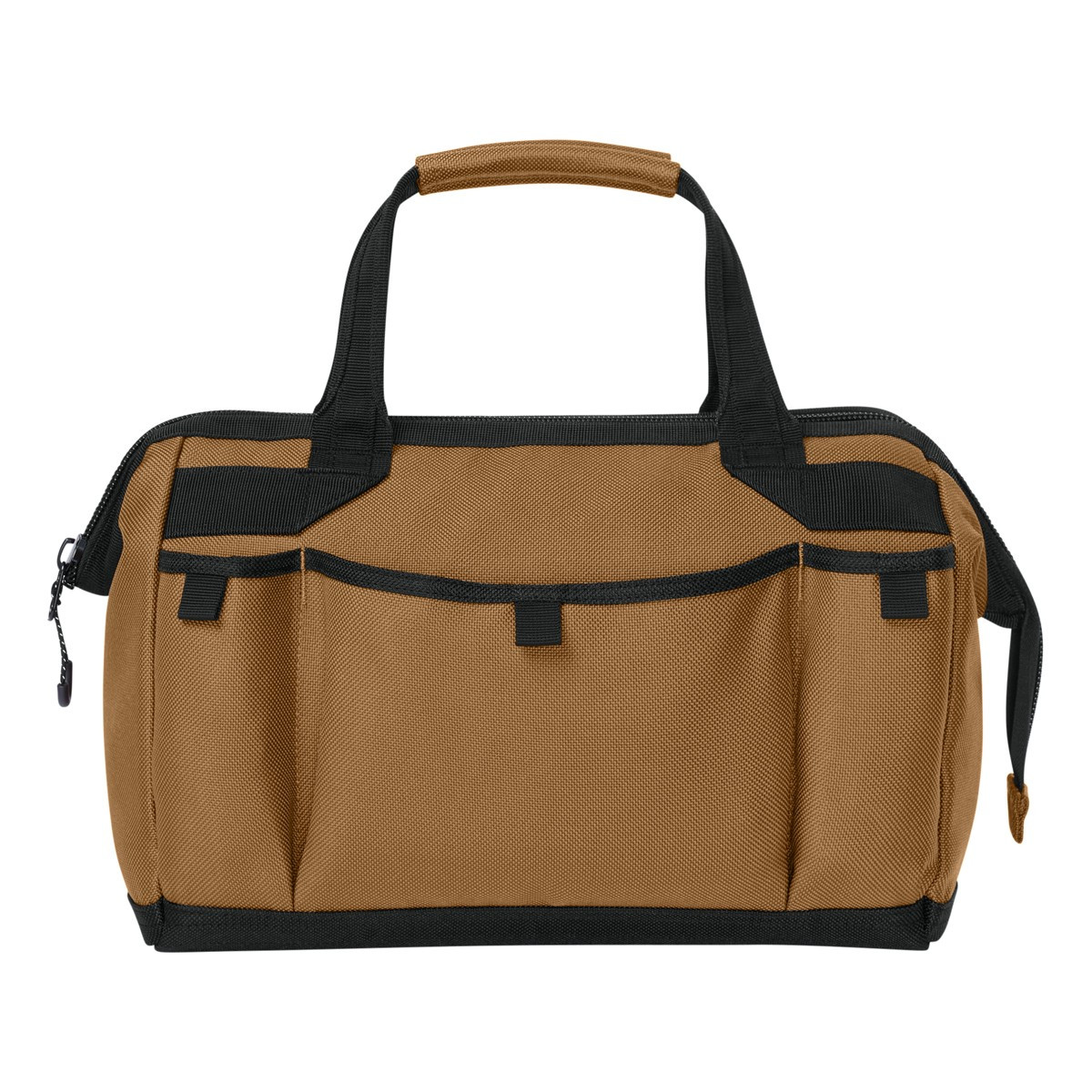 Duck Brown CornerStone Utility Pro Tool Tote, durable polyester tool tote with a structured zippered main compartment, reinforced bottom, padded carry handles, and multiple exterior pockets for organizing and transporting tools and work essentials.