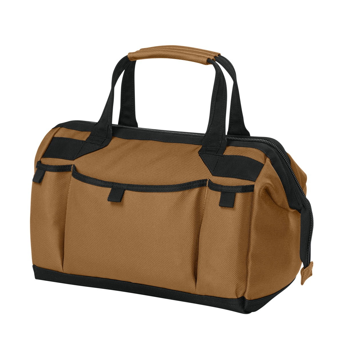 Duck Brown CornerStone Utility Pro Tool Tote, durable polyester tool tote with a structured zippered main compartment, reinforced bottom, padded carry handles, and multiple exterior pockets for organizing and transporting tools and work essentials.