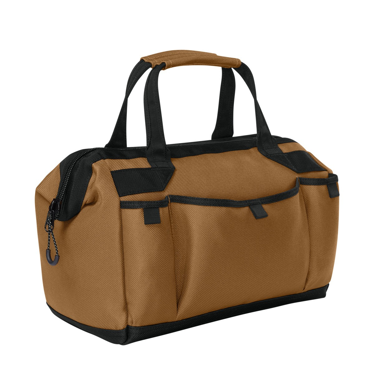 Duck Brown CornerStone Utility Pro Tool Tote, durable polyester tool tote with a structured zippered main compartment, reinforced bottom, padded carry handles, and multiple exterior pockets for organizing and transporting tools and work essentials.