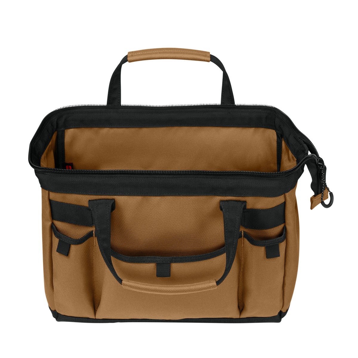 Duck Brown CornerStone Utility Pro Tool Tote, durable polyester tool tote with a structured zippered main compartment, reinforced bottom, padded carry handles, and multiple exterior pockets for organizing and transporting tools and work essentials.