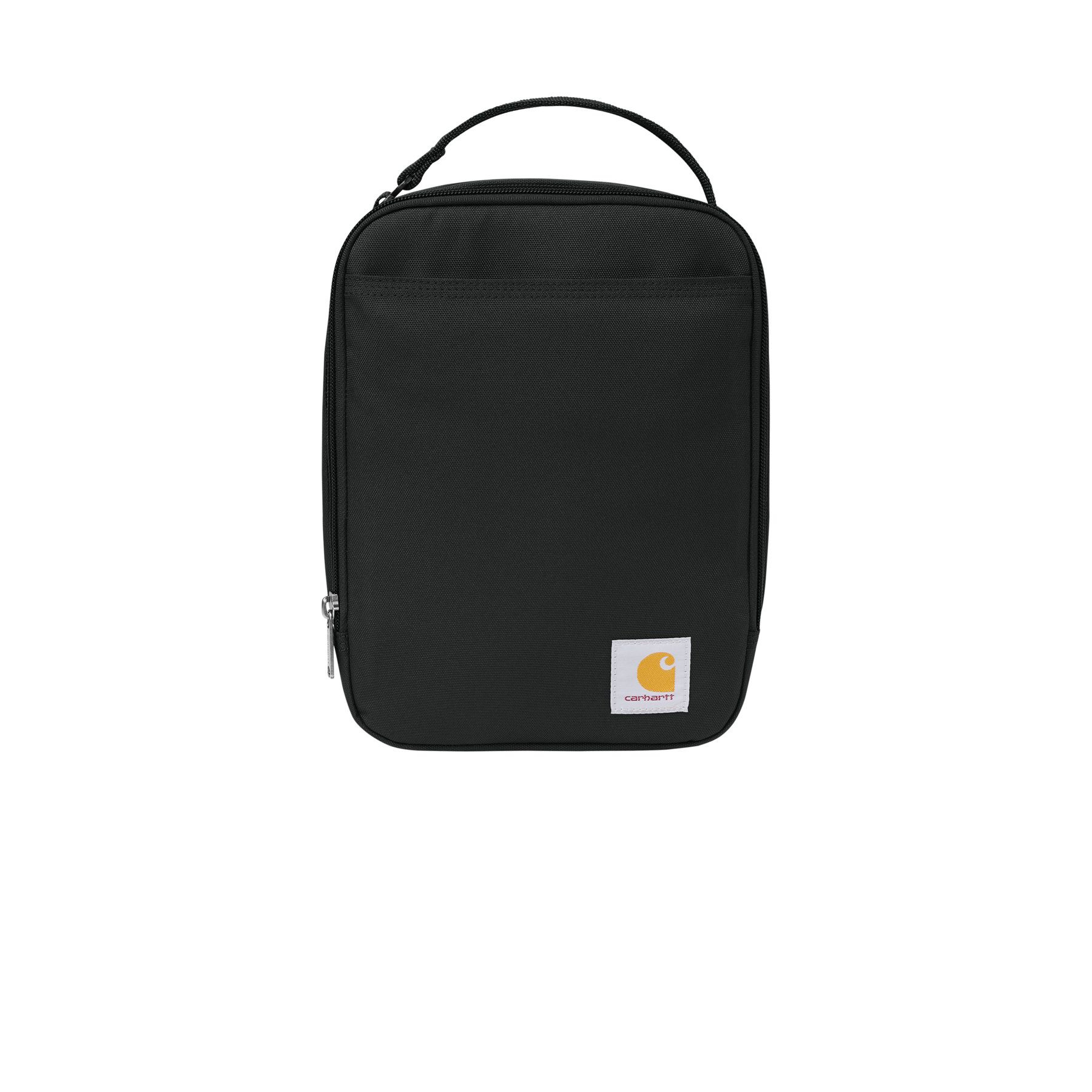 Black insulated lunch cooler made from rugged polyester with a water-resistant finish, front slip pocket, top carry handle, and metal zipper pull.