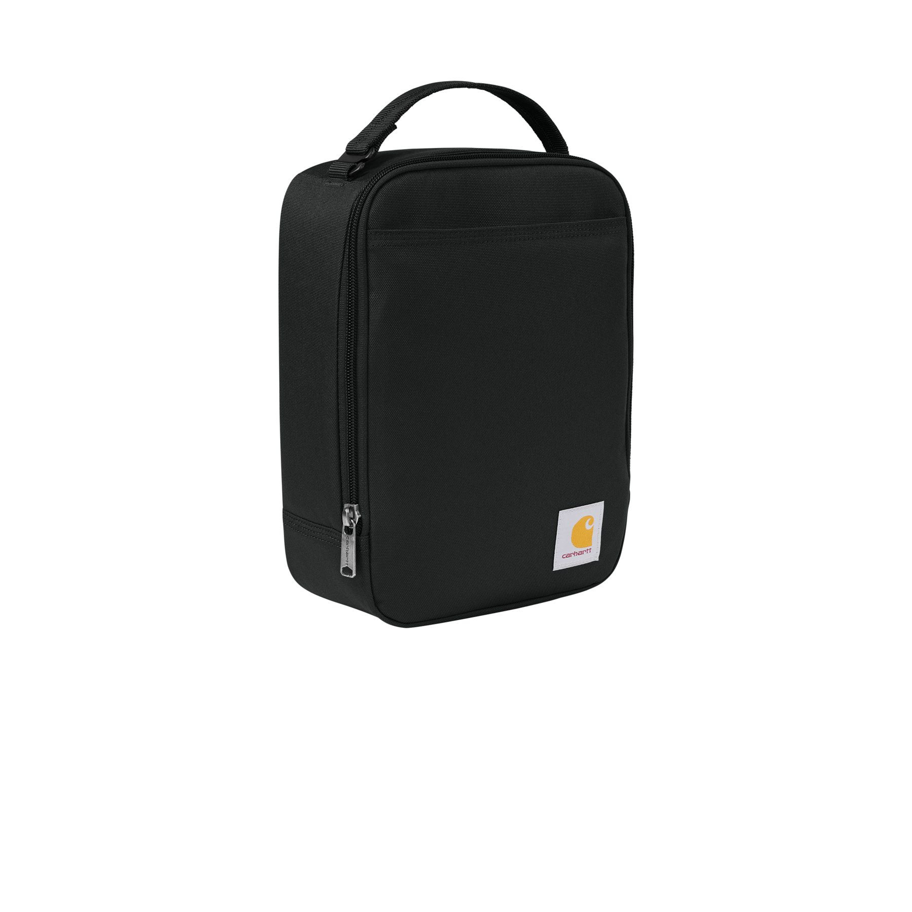 Black insulated lunch cooler made from rugged polyester with a water-resistant finish, front slip pocket, top carry handle, and metal zipper pull.