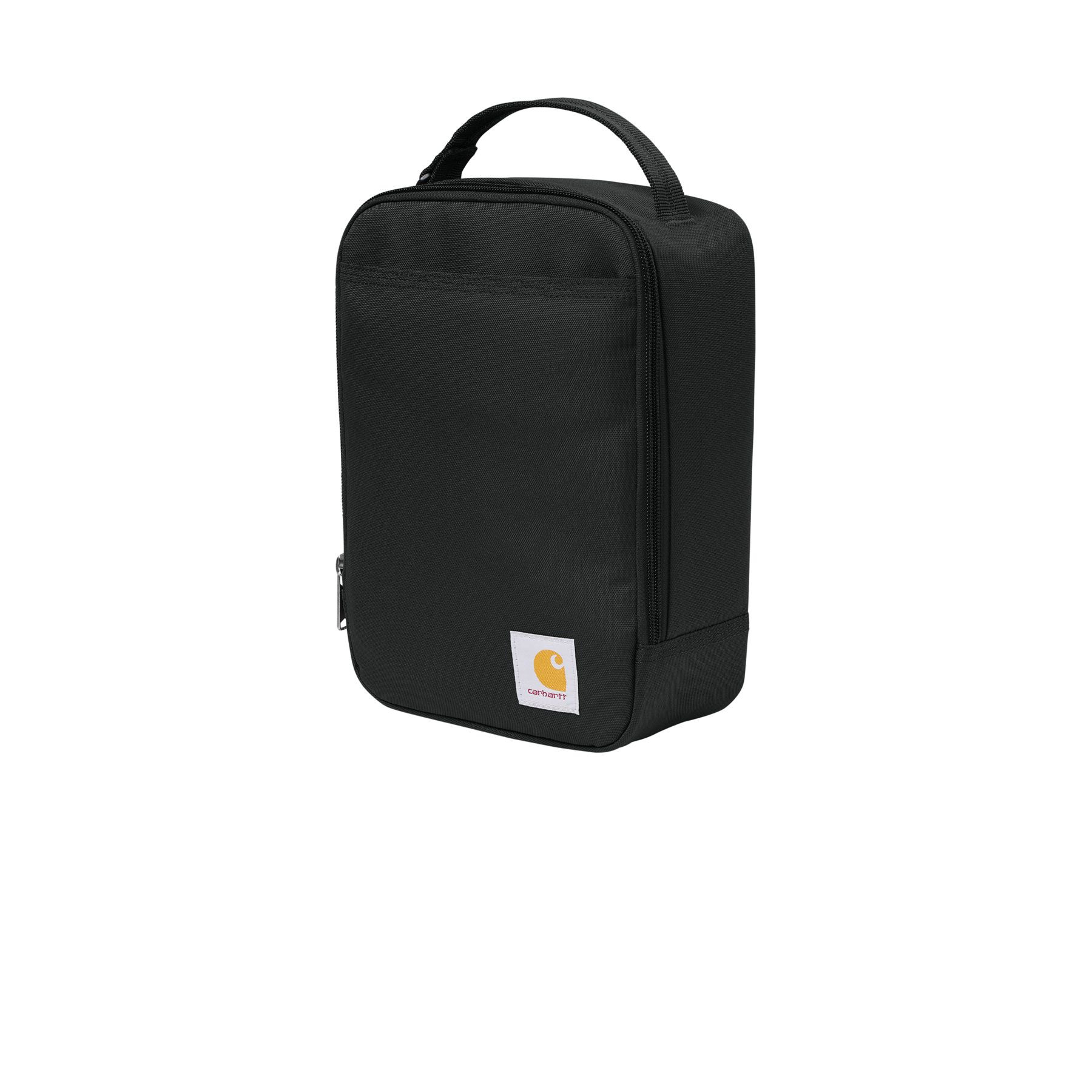 Black insulated lunch cooler made from rugged polyester with a water-resistant finish, front slip pocket, top carry handle, and metal zipper pull.