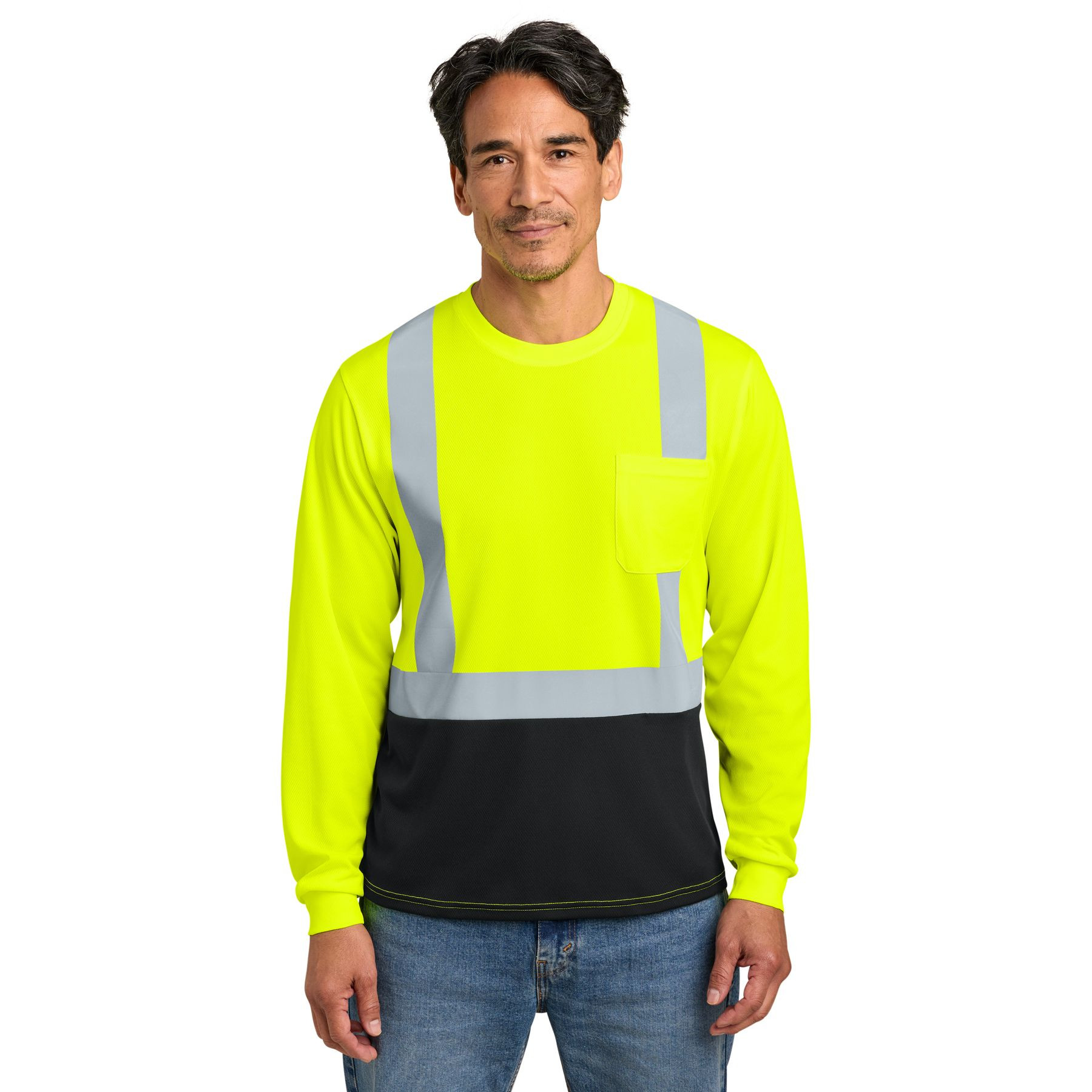 Safety Yellow/Black CornerStone ANSI 107 Class 2 Long Sleeve Mesh Blocked Tee, lightweight polyester birdseye mesh safety shirt with reflective striping, long sleeves, a crew neck, and a chest pocket for high-visibility work environments.