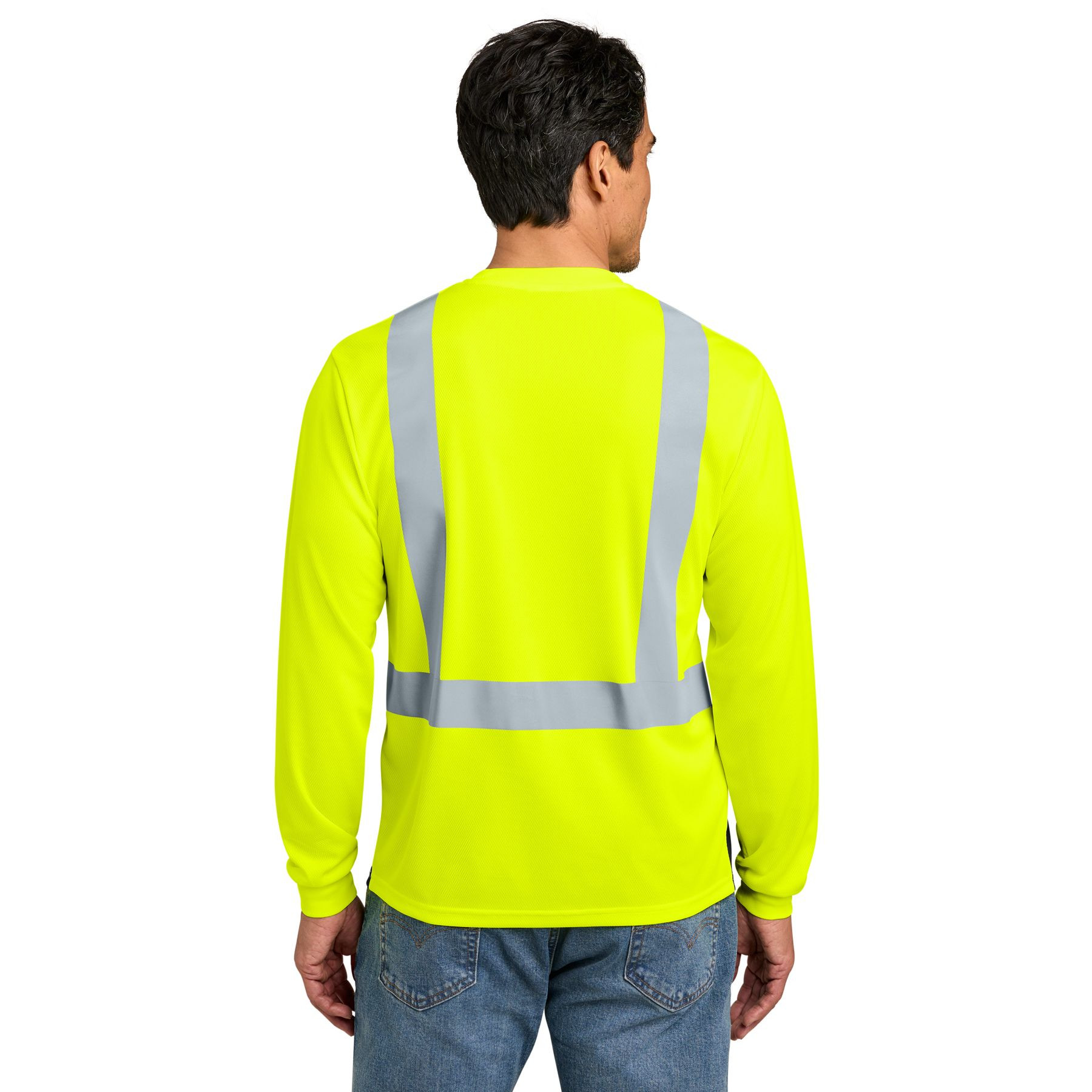 Safety Yellow/Black CornerStone ANSI 107 Class 2 Long Sleeve Mesh Blocked Tee, lightweight polyester birdseye mesh safety shirt with reflective striping, long sleeves, a crew neck, and a chest pocket for high-visibility work environments.