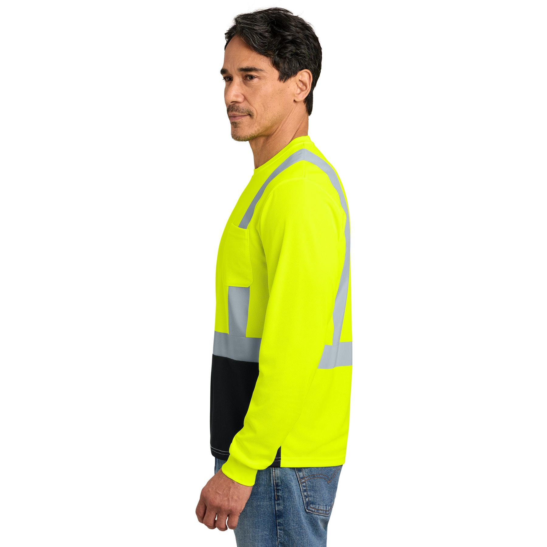 Safety Yellow/Black CornerStone ANSI 107 Class 2 Long Sleeve Mesh Blocked Tee, lightweight polyester birdseye mesh safety shirt with reflective striping, long sleeves, a crew neck, and a chest pocket for high-visibility work environments.