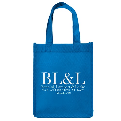 Brite Blue Ike Celebration Tote 8" x 10", durable non-woven polypropylene tote bag with reinforced sewn handles, side and bottom gussets, and an open-top design for shopping, events, giveaways, and everyday carrying.