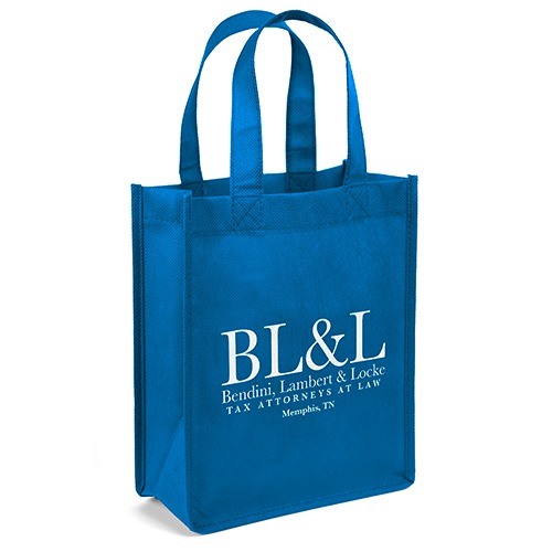 Brite Blue Ike Celebration Tote 8" x 10", durable non-woven polypropylene tote bag with reinforced sewn handles, side and bottom gussets, and an open-top design for shopping, events, giveaways, and everyday carrying.