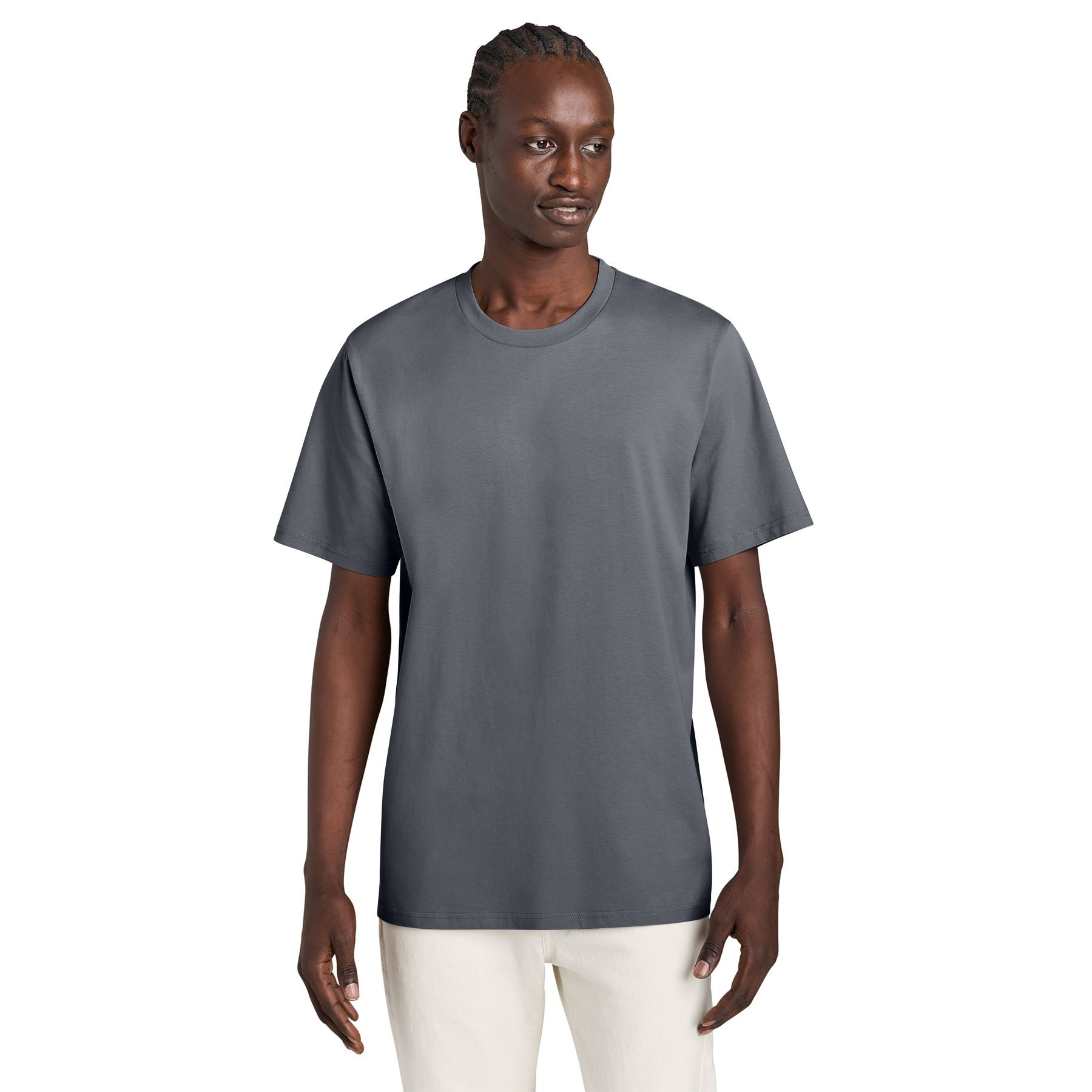 G. Dyed Anthracite vintage tee made from organic combed ring spun cotton with a rib knit neck, self-fabric back neck taping, and double-needle topstitched sleeves and hem.