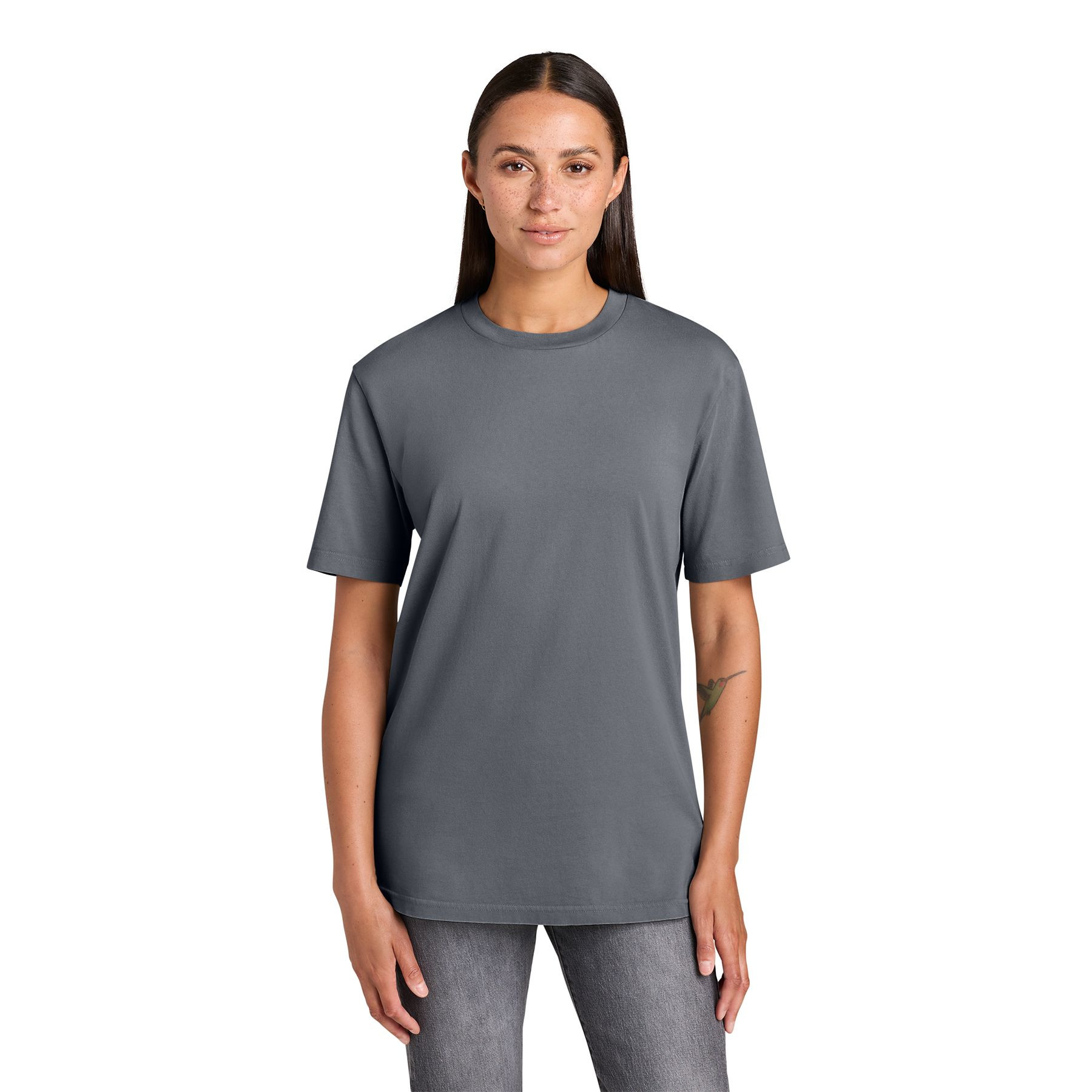 G. Dyed Anthracite vintage tee made from organic combed ring spun cotton with a rib knit neck, self-fabric back neck taping, and double-needle topstitched sleeves and hem.