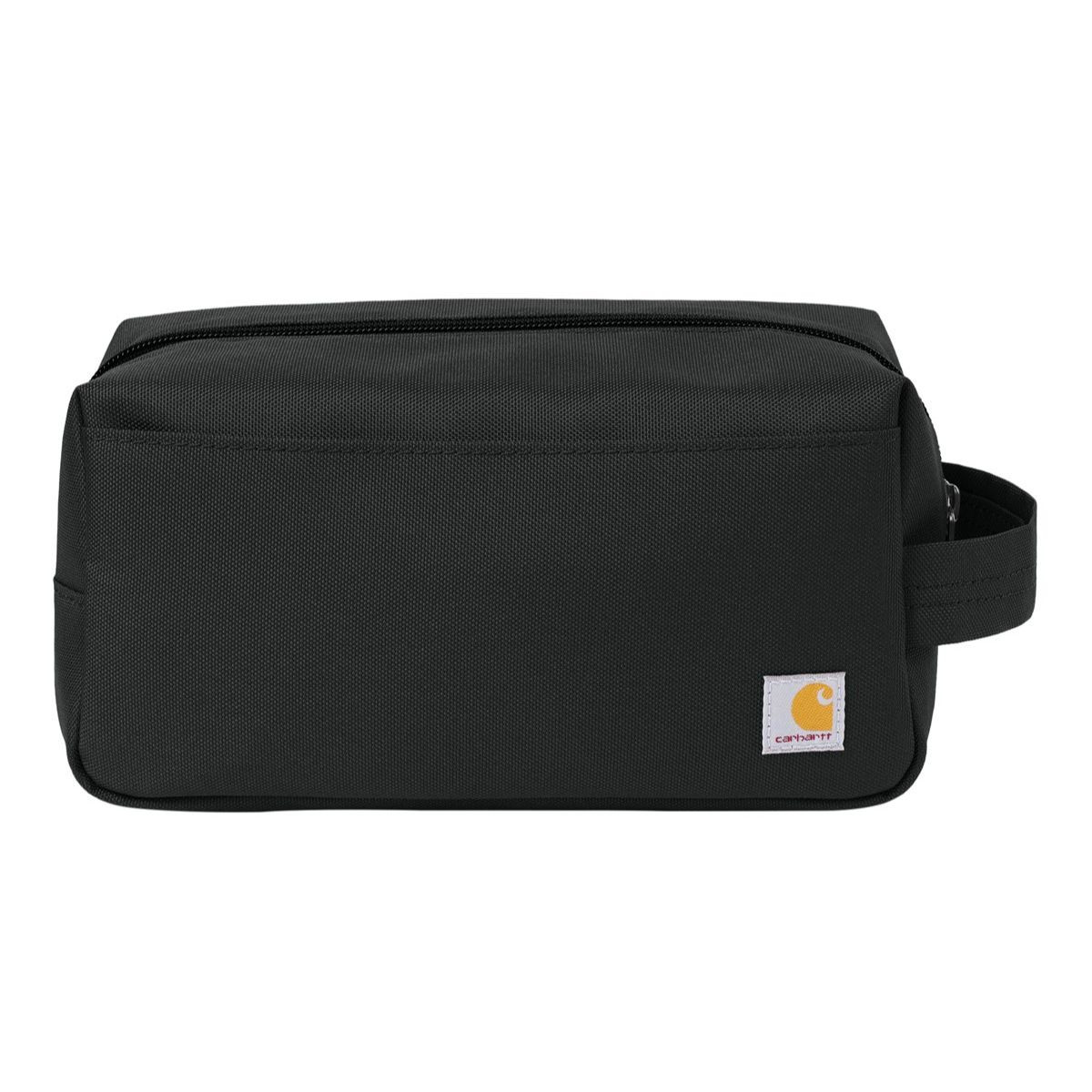 Black travel kit made from rugged 600D polyester with a water-repellent finish, large main compartment with water-resistant lining, and front slip-in pocket.