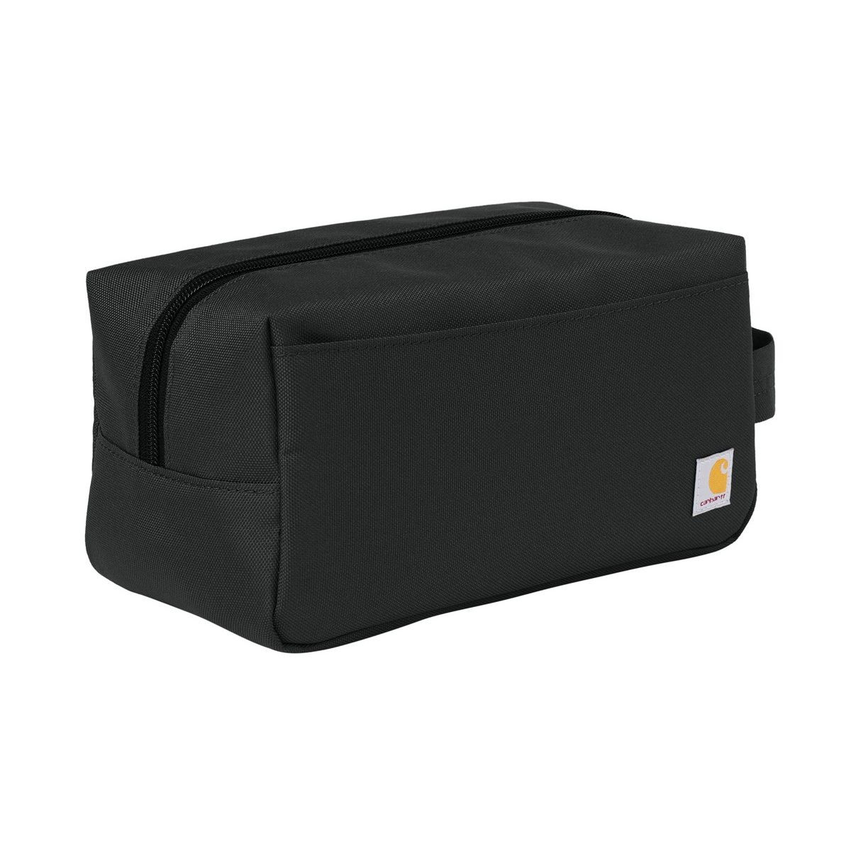 Black travel kit made from rugged 600D polyester with a water-repellent finish, large main compartment with water-resistant lining, and front slip-in pocket.
