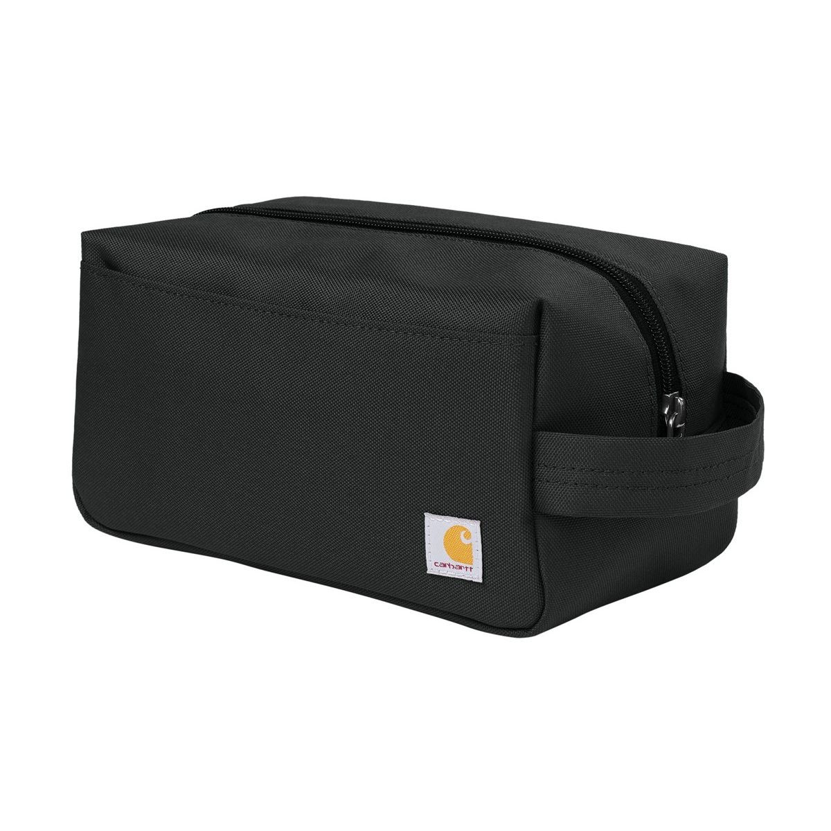 Black travel kit made from rugged 600D polyester with a water-repellent finish, large main compartment with water-resistant lining, and front slip-in pocket.