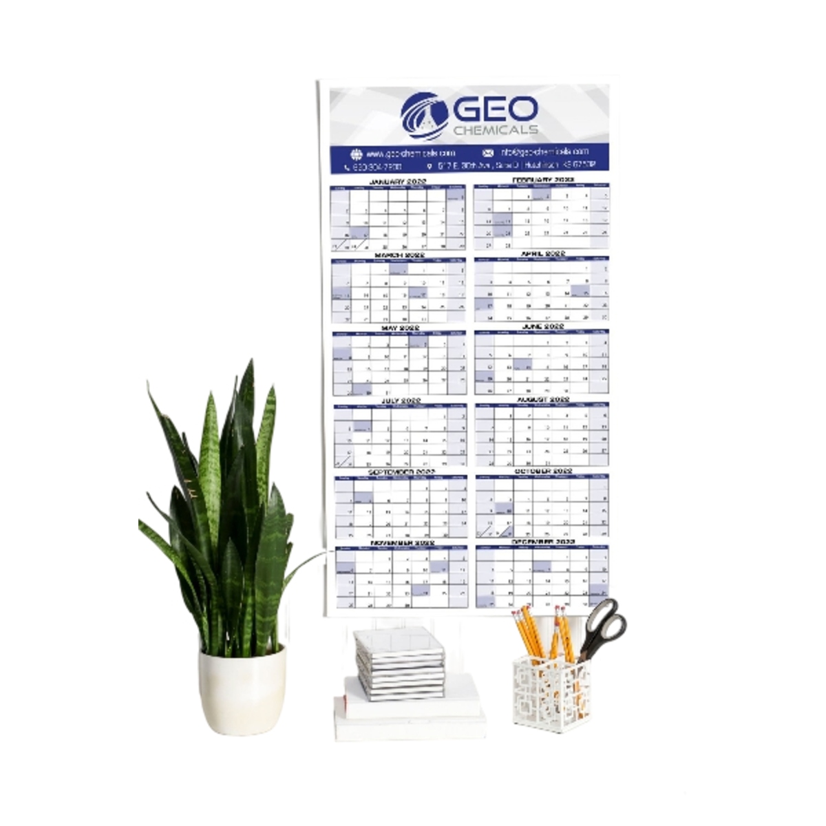 Custom span-a-year wall calendar with dry erase laminated finish and full-color imprint.
