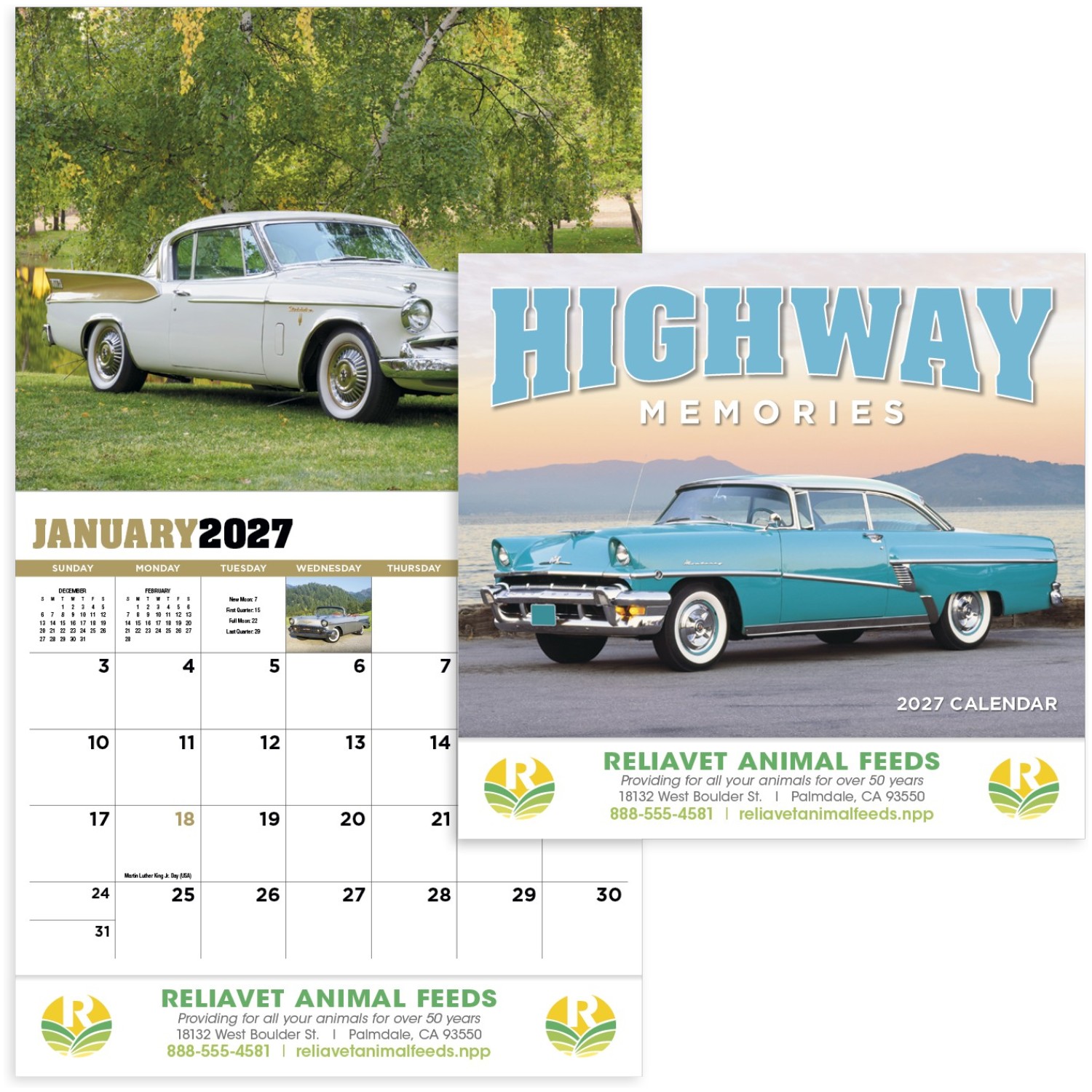 Highway Memories Stapled Calendar featuring images of classic highways, vintage roadside scenes, and nostalgic Americana, glossy paper pages with a stapled binding, monthly calendar grids, and a wall calendar design for home, office, and scheduling.