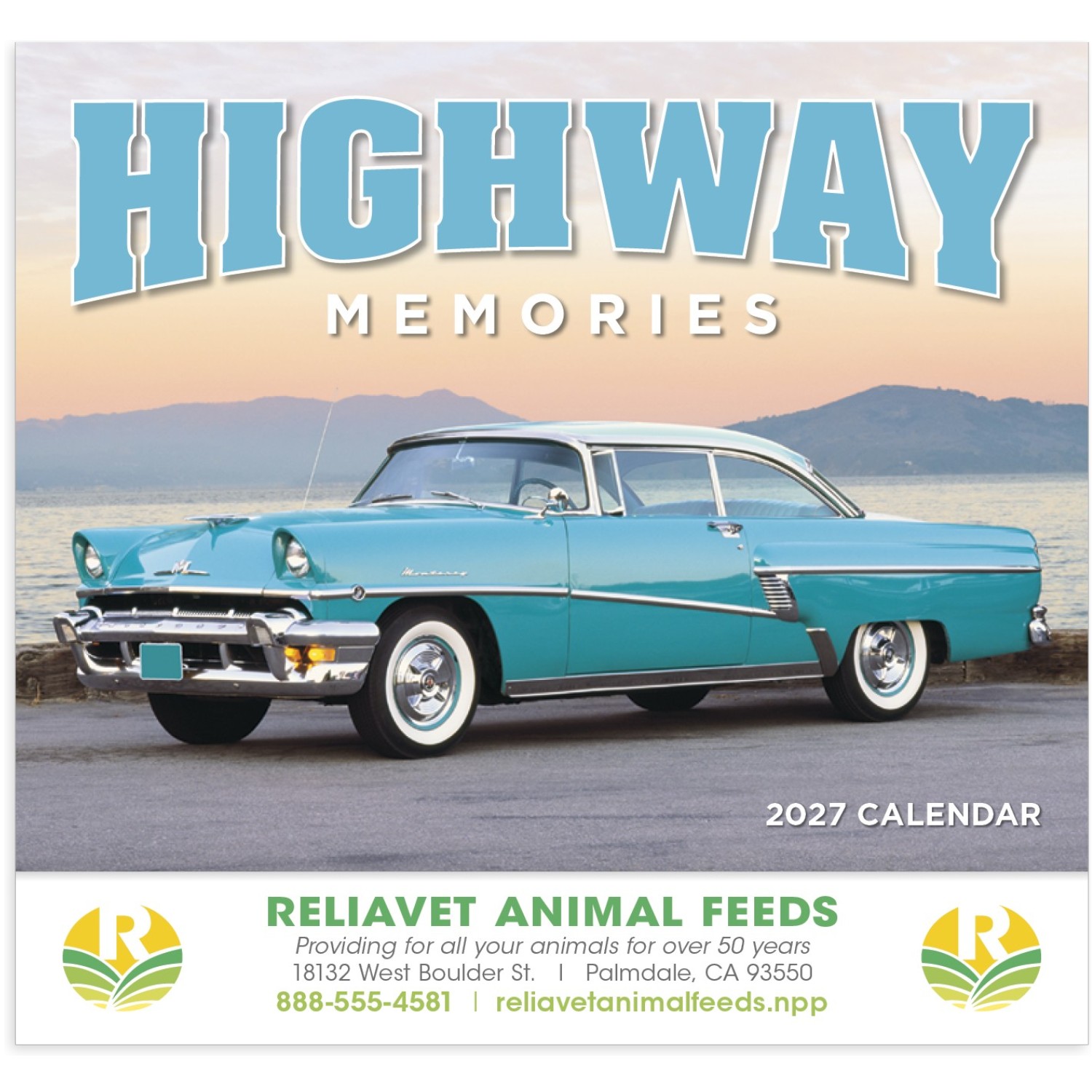 Highway Memories Stapled Calendar featuring images of classic highways, vintage roadside scenes, and nostalgic Americana, glossy paper pages with a stapled binding, monthly calendar grids, and a wall calendar design for home, office, and scheduling.