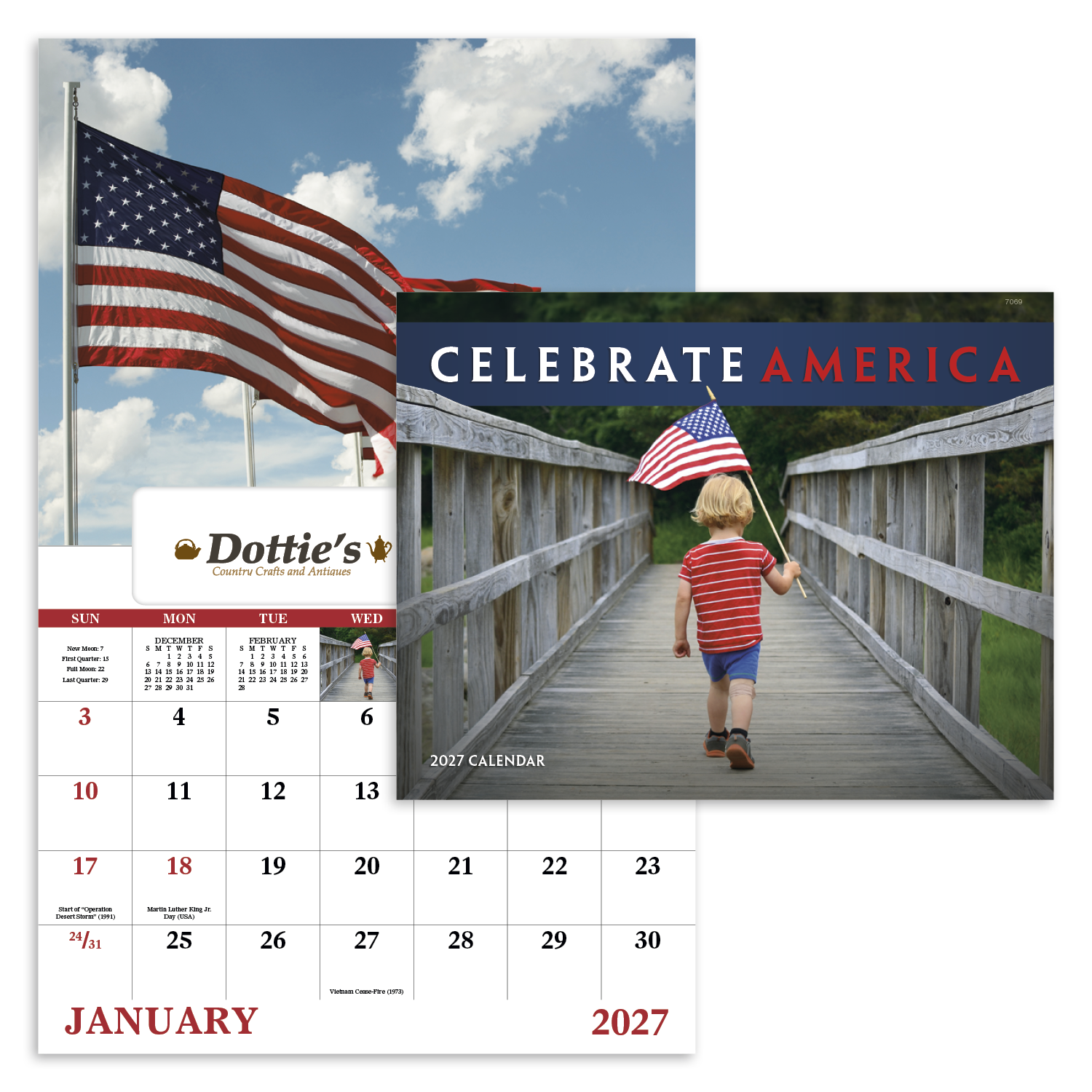 2027 American-themed calendar featuring patriotic imagery celebrating the American spirit with high-quality scenic visuals and a glossy cover.