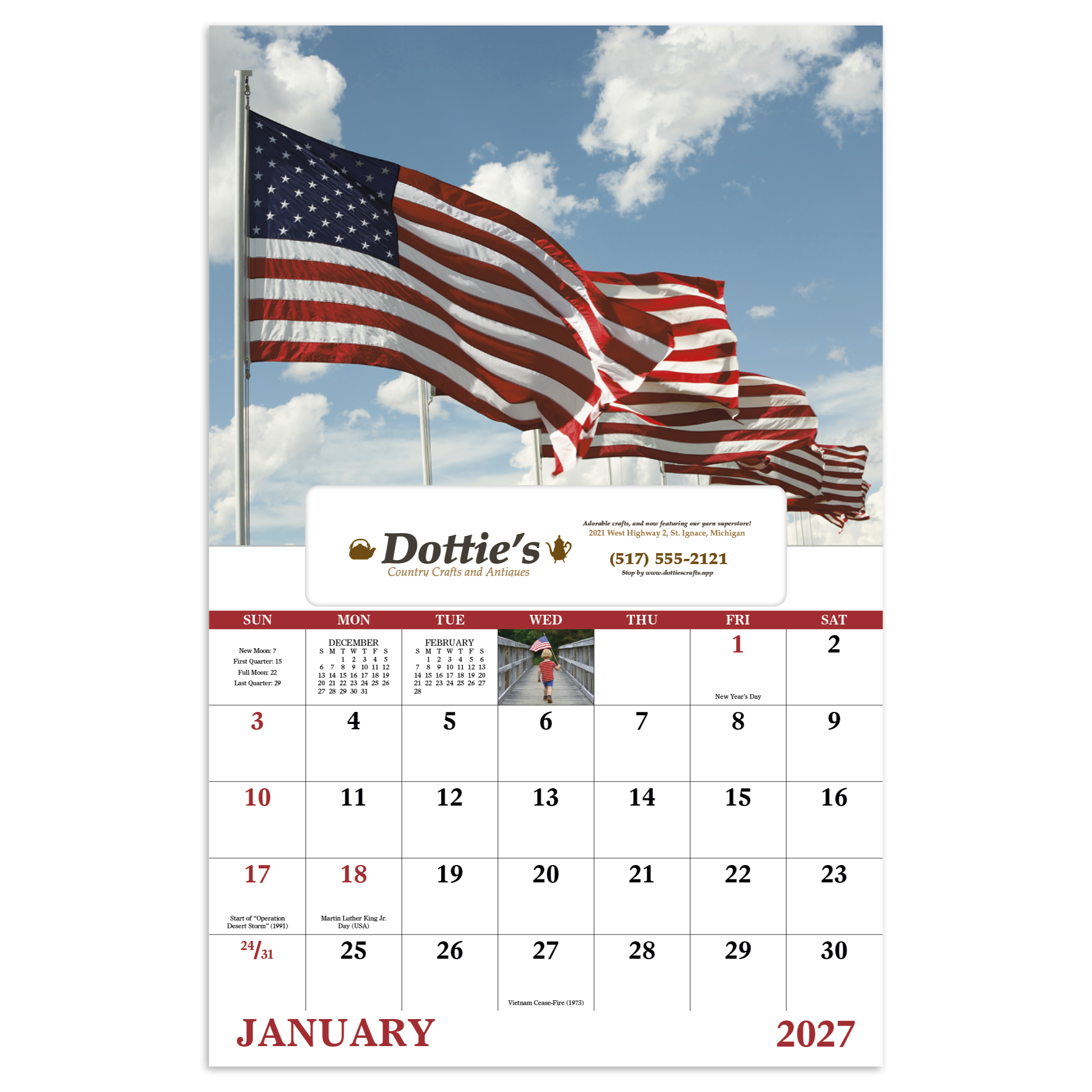 2027 American-themed calendar featuring patriotic imagery celebrating the American spirit with high-quality scenic visuals and a glossy cover.