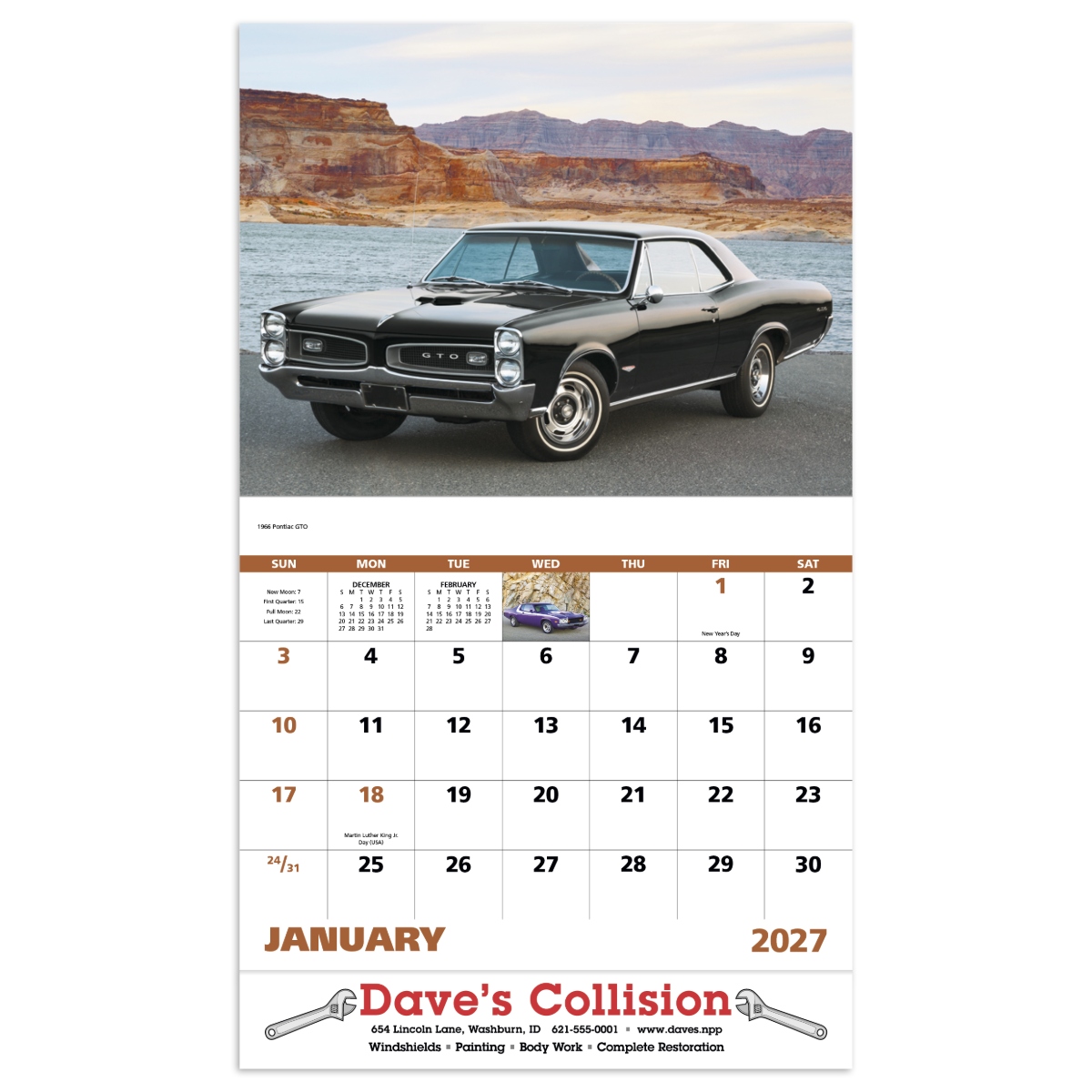 Muscle car wall calendar with classic automotive photography and monthly pages.