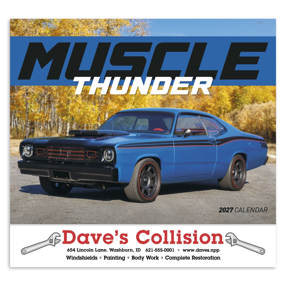 Muscle car wall calendar with classic automotive photography and monthly pages.