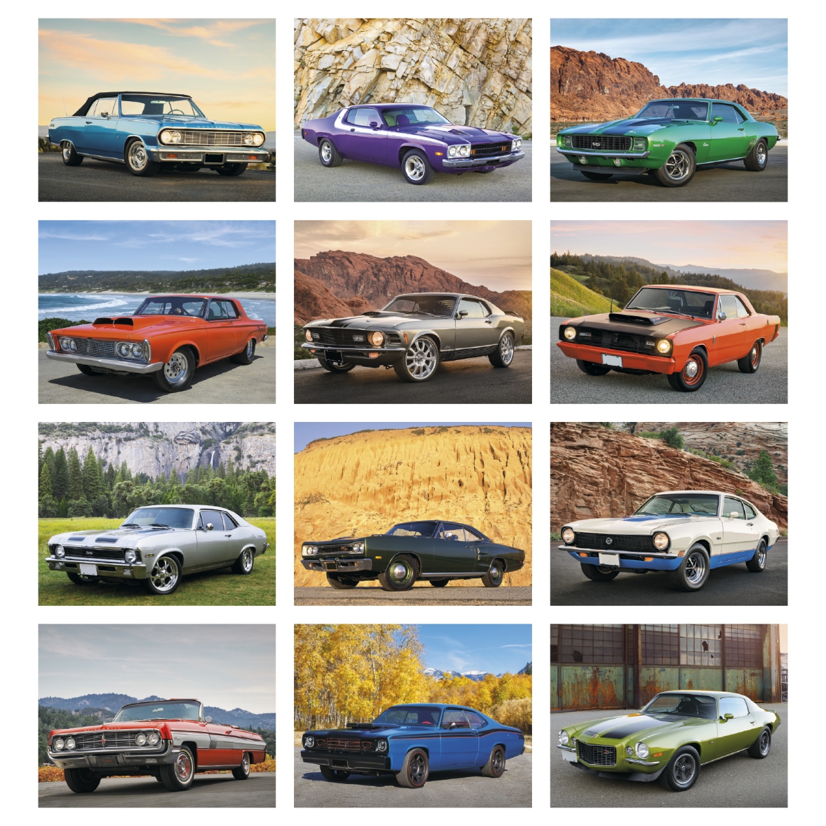 Muscle car wall calendar with classic automotive photography and monthly pages.
