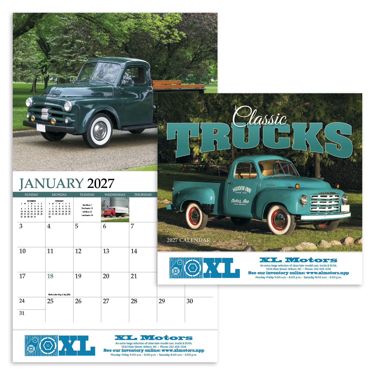 2027 classic trucks appointment calendar featuring restored vintage truck photography, FSC-certified gloss paper, UV-coated cover, and stapled binding.
