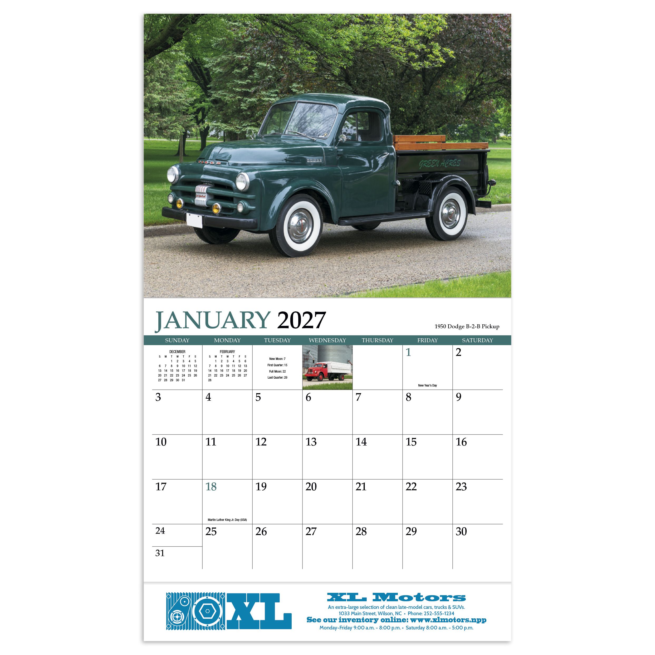 2027 classic trucks appointment calendar featuring restored vintage truck photography, FSC-certified gloss paper, UV-coated cover, and stapled binding.
