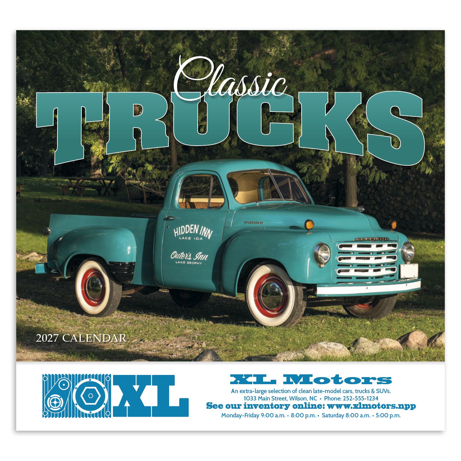 2027 classic trucks appointment calendar featuring restored vintage truck photography, FSC-certified gloss paper, UV-coated cover, and stapled binding.