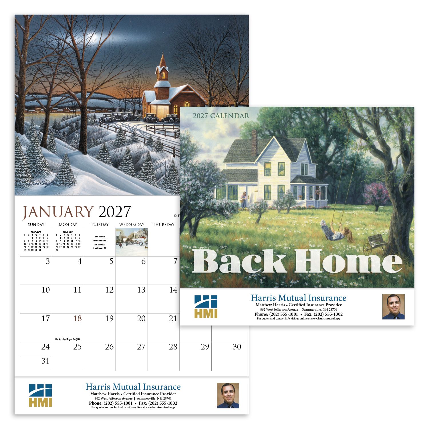 2027 calendar featuring quaint artwork of American scenes ranging from bustling cities to tranquil pastures, with FSC-certified gloss paper and a UV-coated cover.