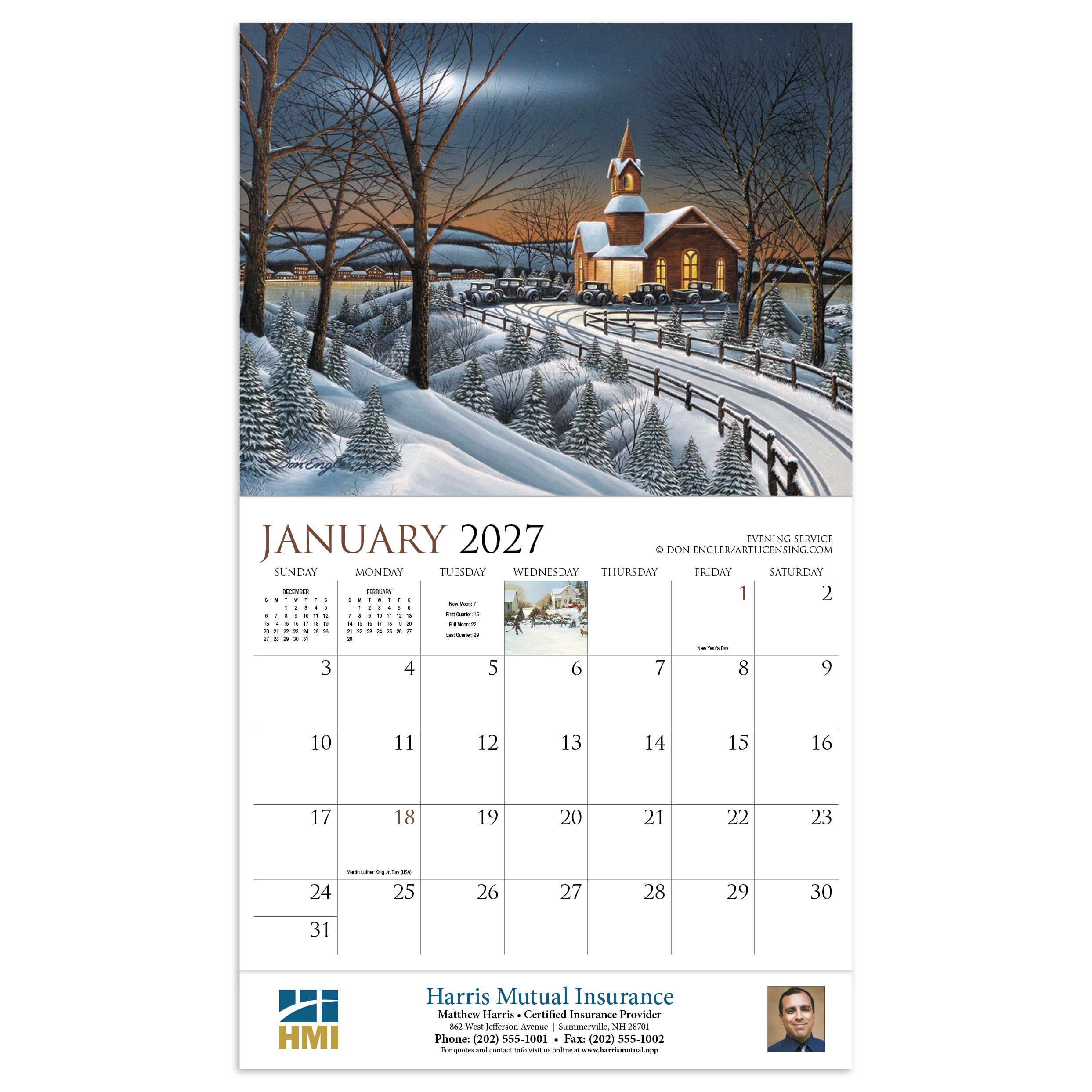 2027 calendar featuring quaint artwork of American scenes ranging from bustling cities to tranquil pastures, with FSC-certified gloss paper and a UV-coated cover.
