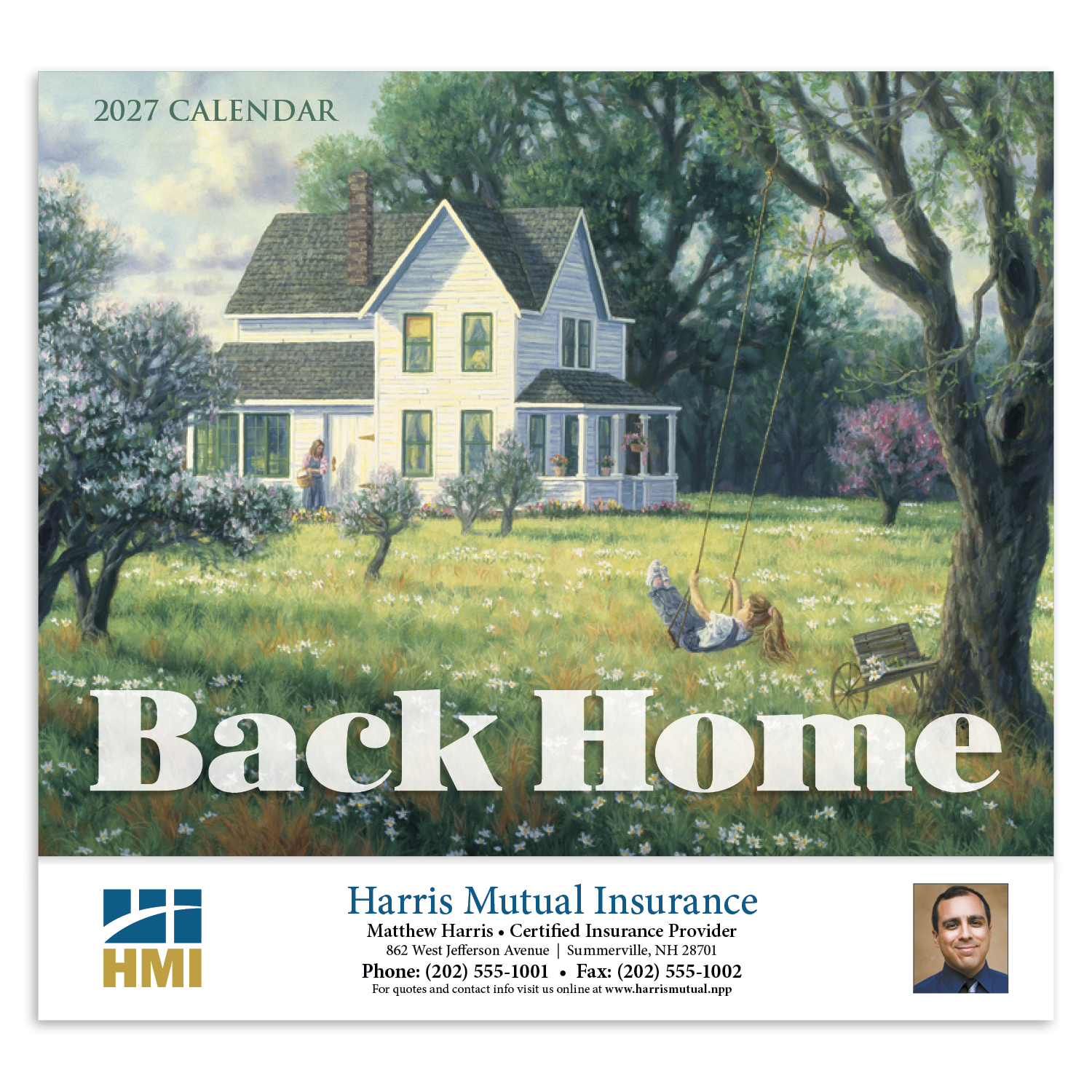 2027 calendar featuring quaint artwork of American scenes ranging from bustling cities to tranquil pastures, with FSC-certified gloss paper and a UV-coated cover.