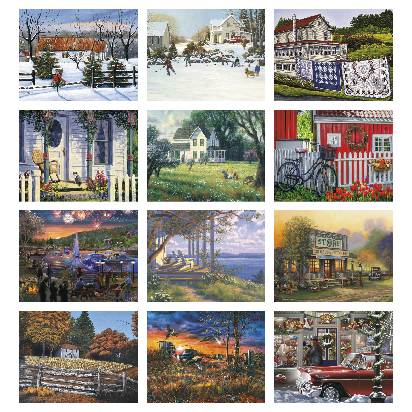 2027 calendar featuring quaint artwork of American scenes ranging from bustling cities to tranquil pastures, with FSC-certified gloss paper and a UV-coated cover.