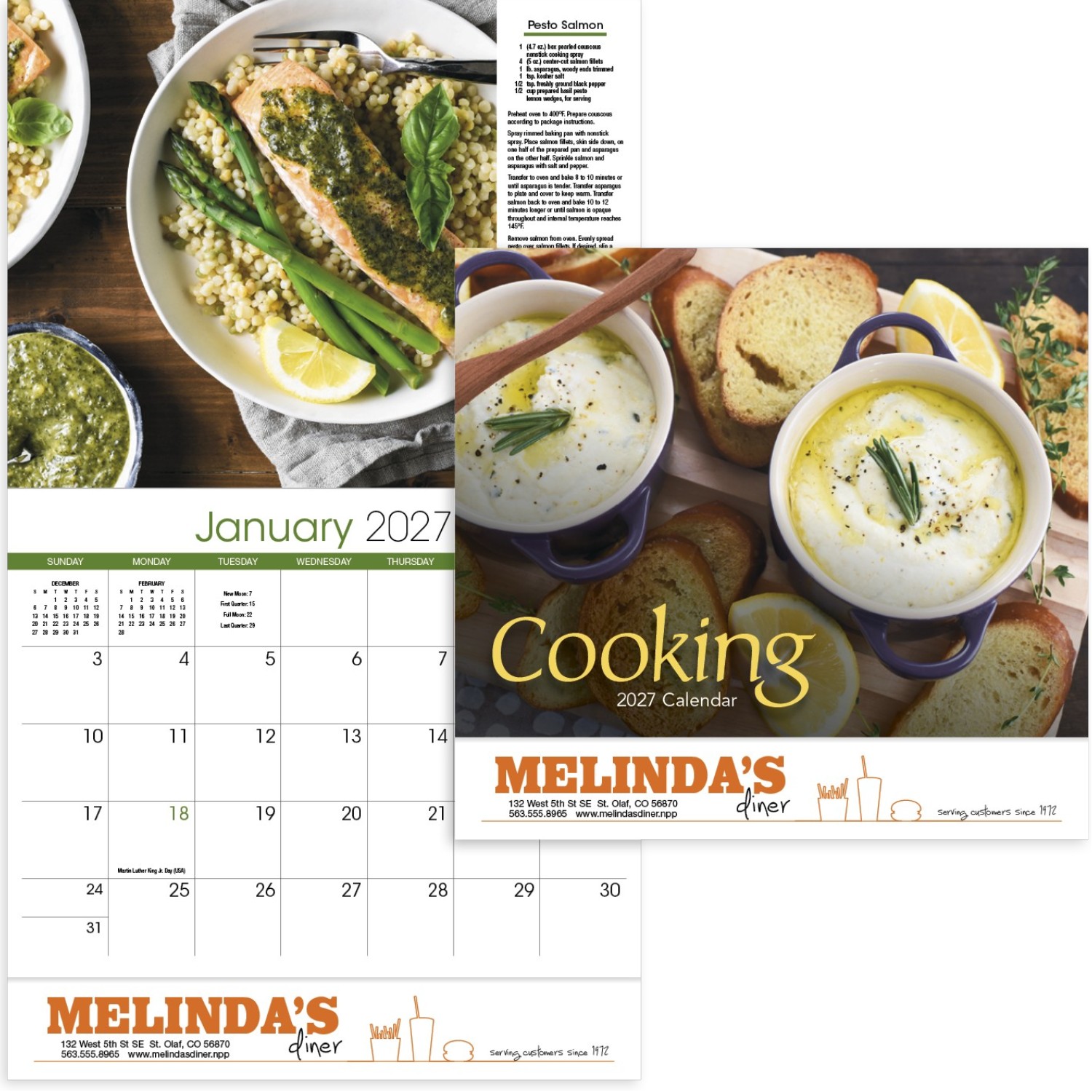 Cooking Stapled Calendar featuring food photography and delicious recipes, glossy paper pages with a stapled binding, monthly calendar grids, and a wall calendar design for home, office, kitchen, and scheduling.