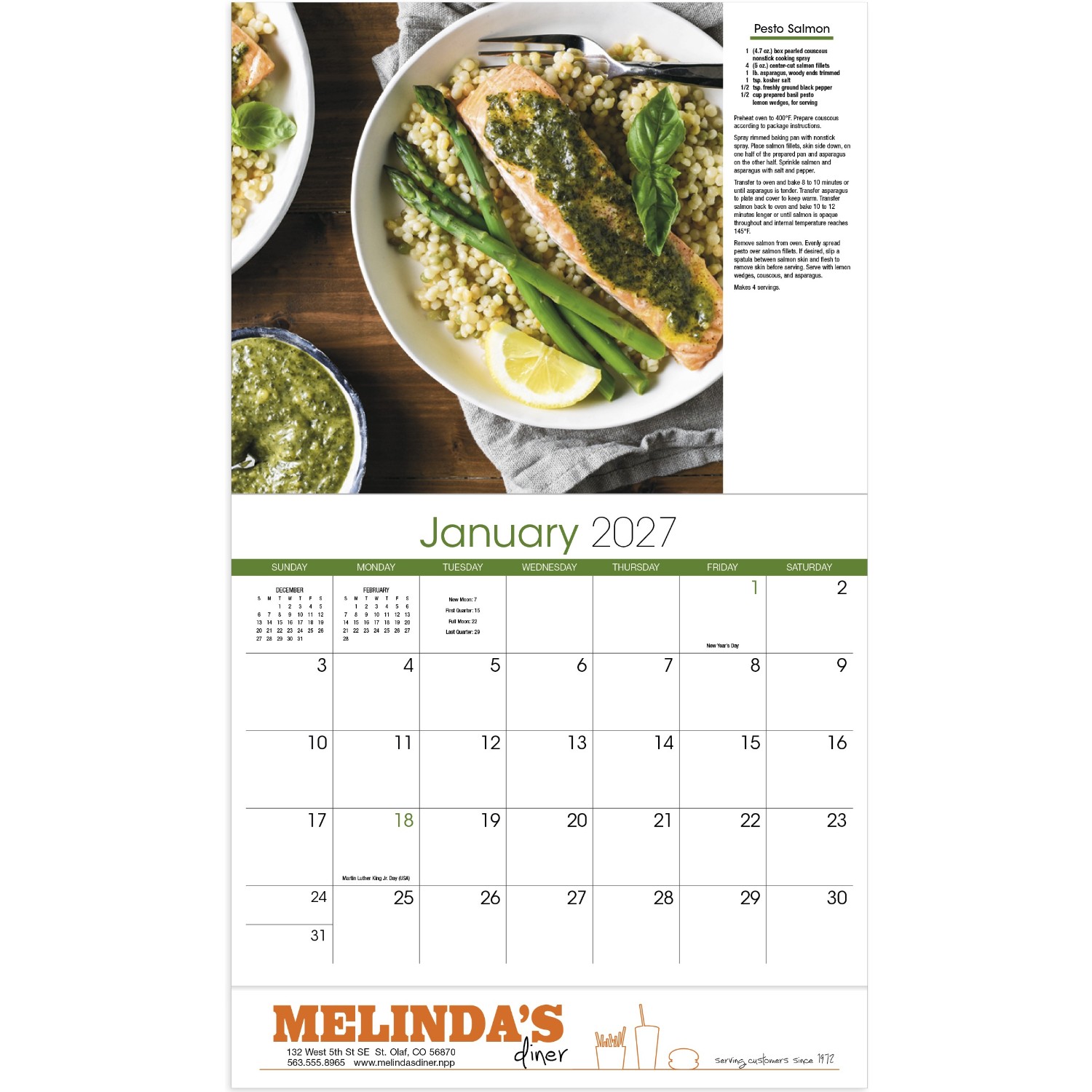 Cooking Stapled Calendar featuring food photography and delicious recipes, glossy paper pages with a stapled binding, monthly calendar grids, and a wall calendar design for home, office, kitchen, and scheduling.