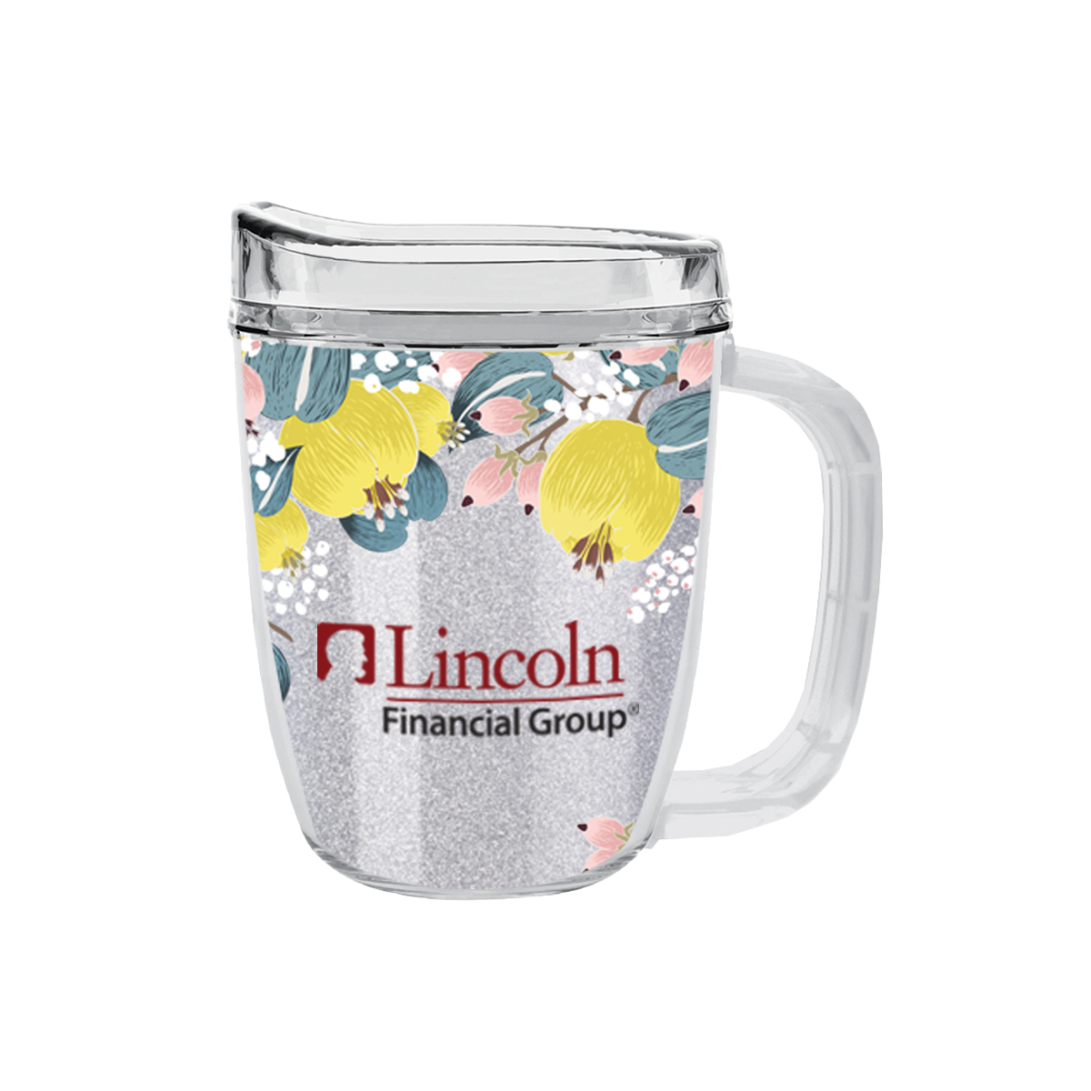 Clear Tritan™ insulated coffee mug with translucent charcoal snap-on spill-resistant thumb-slide lid and double-wall construction for hot or cold beverages.