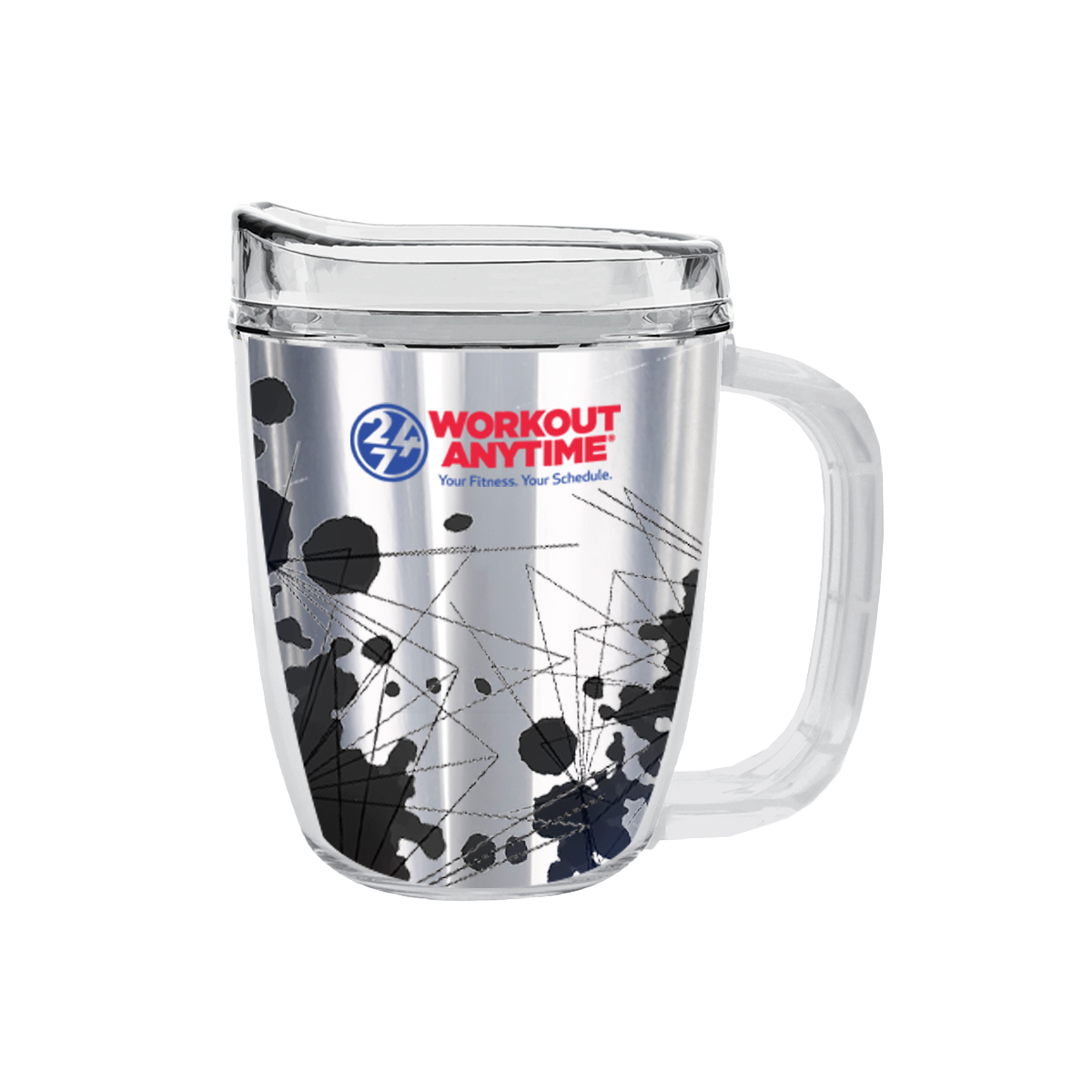 Clear Tritan™ insulated coffee mug with translucent charcoal snap-on spill-resistant thumb-slide lid and double-wall construction for hot or cold beverages.