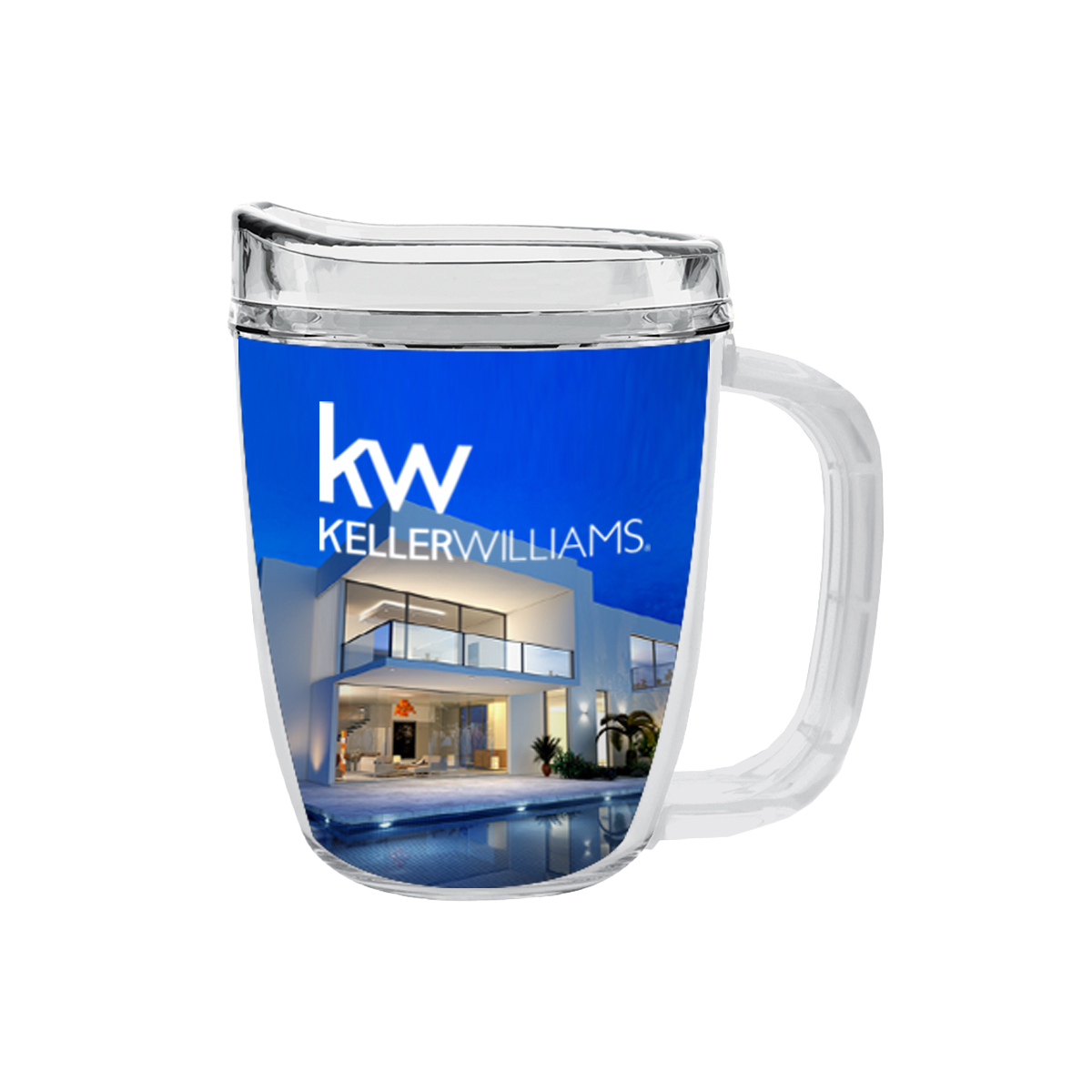 Clear Tritan™ insulated coffee mug with translucent charcoal snap-on spill-resistant thumb-slide lid and double-wall construction for hot or cold beverages.