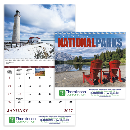 2027 Good Value Canadian National Parks spiral calendar featuring scenic images of rugged Canadian National Parks, natural landscapes, and a glossy UV-coated cover.