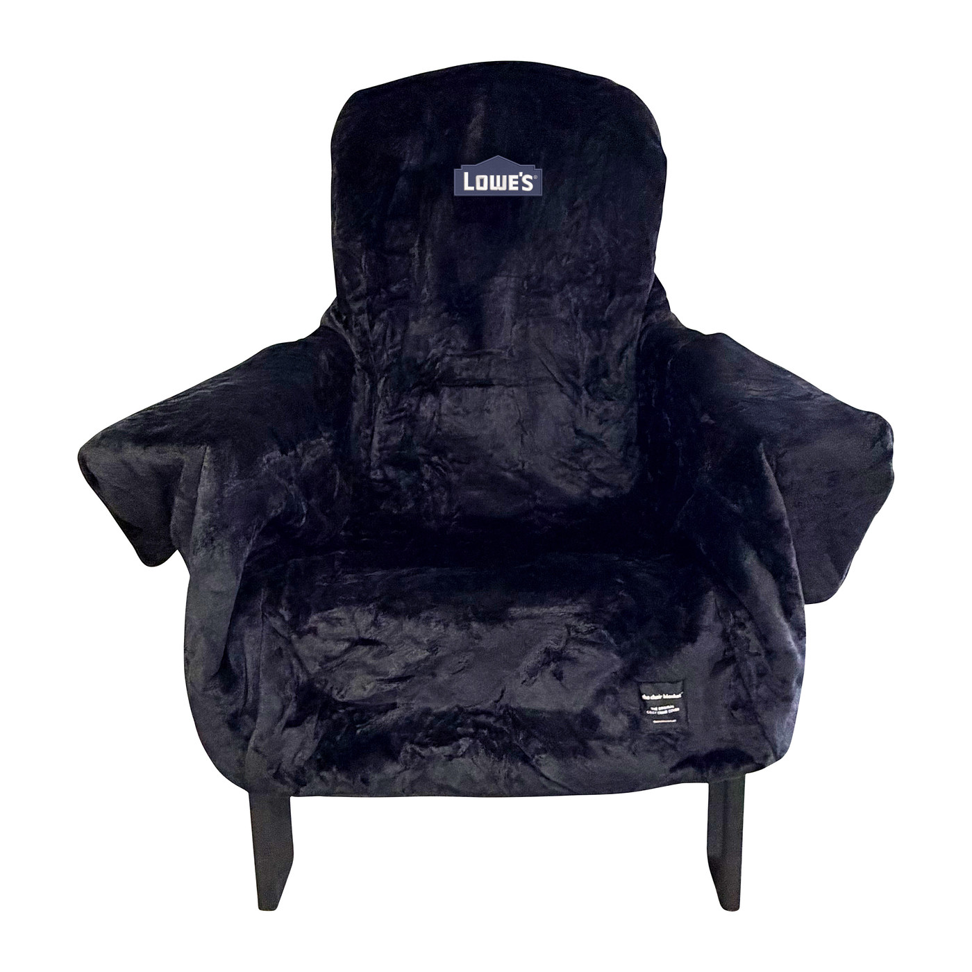 Black reversible fleece and waterproof chair blanket cover with a cozy fleece side, waterproof protective side, stretch-to-fit backing, and attached carry bag.