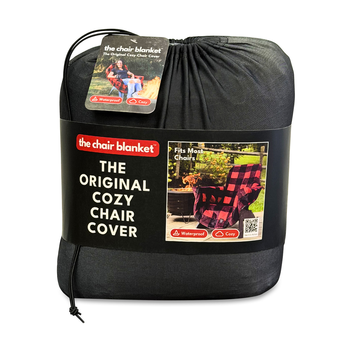 Black reversible fleece and waterproof chair blanket cover with a cozy fleece side, waterproof protective side, stretch-to-fit backing, and attached carry bag.