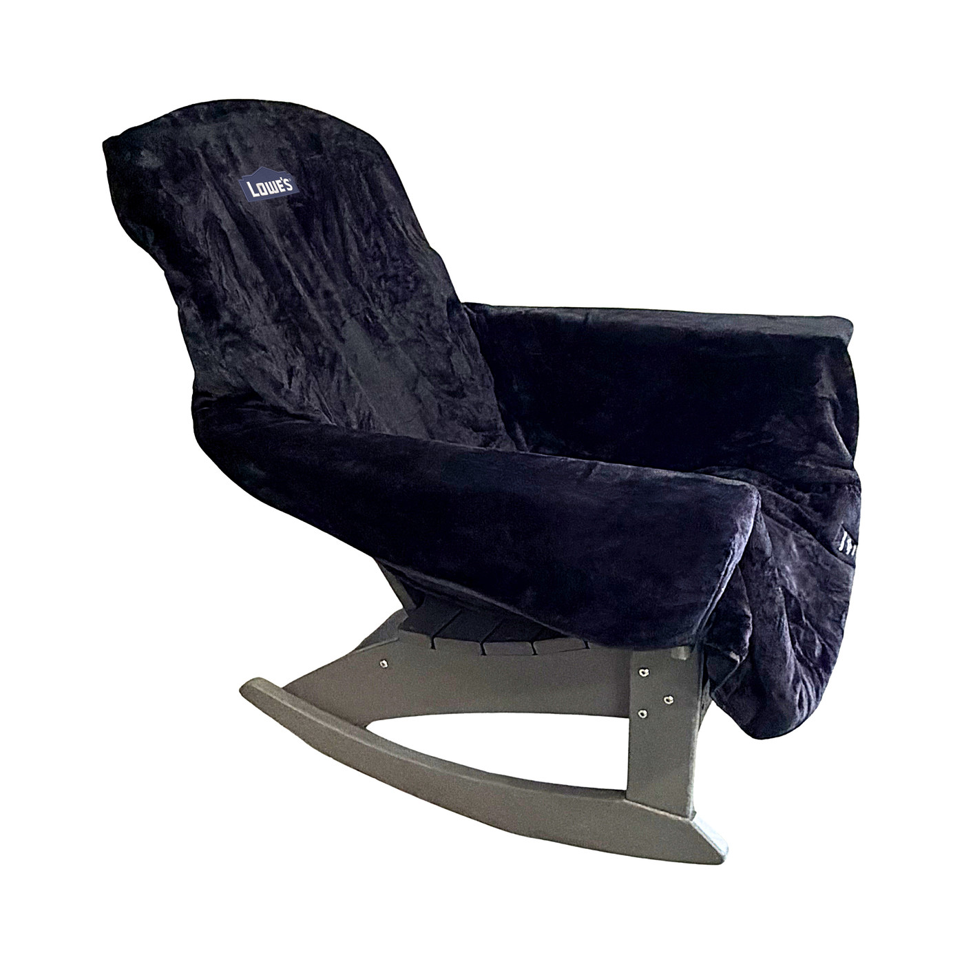 Black reversible fleece and waterproof chair blanket cover with a cozy fleece side, waterproof protective side, stretch-to-fit backing, and attached carry bag.