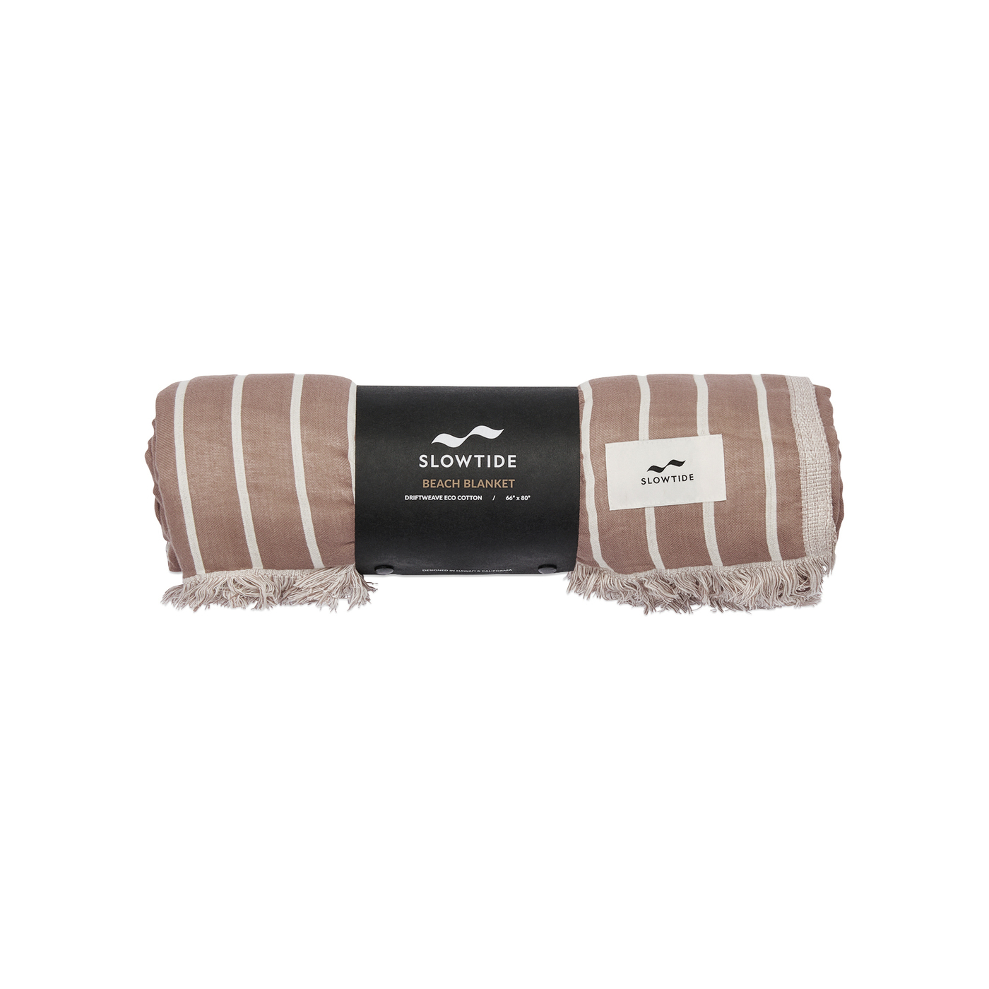 Koko Mousse Slowtide® Driftweave Beach Blanket featuring a woven recycled fabric with a striped pattern, fringed edges, and a lightweight oversized design for the beach, picnics, camping, and outdoor lounging.