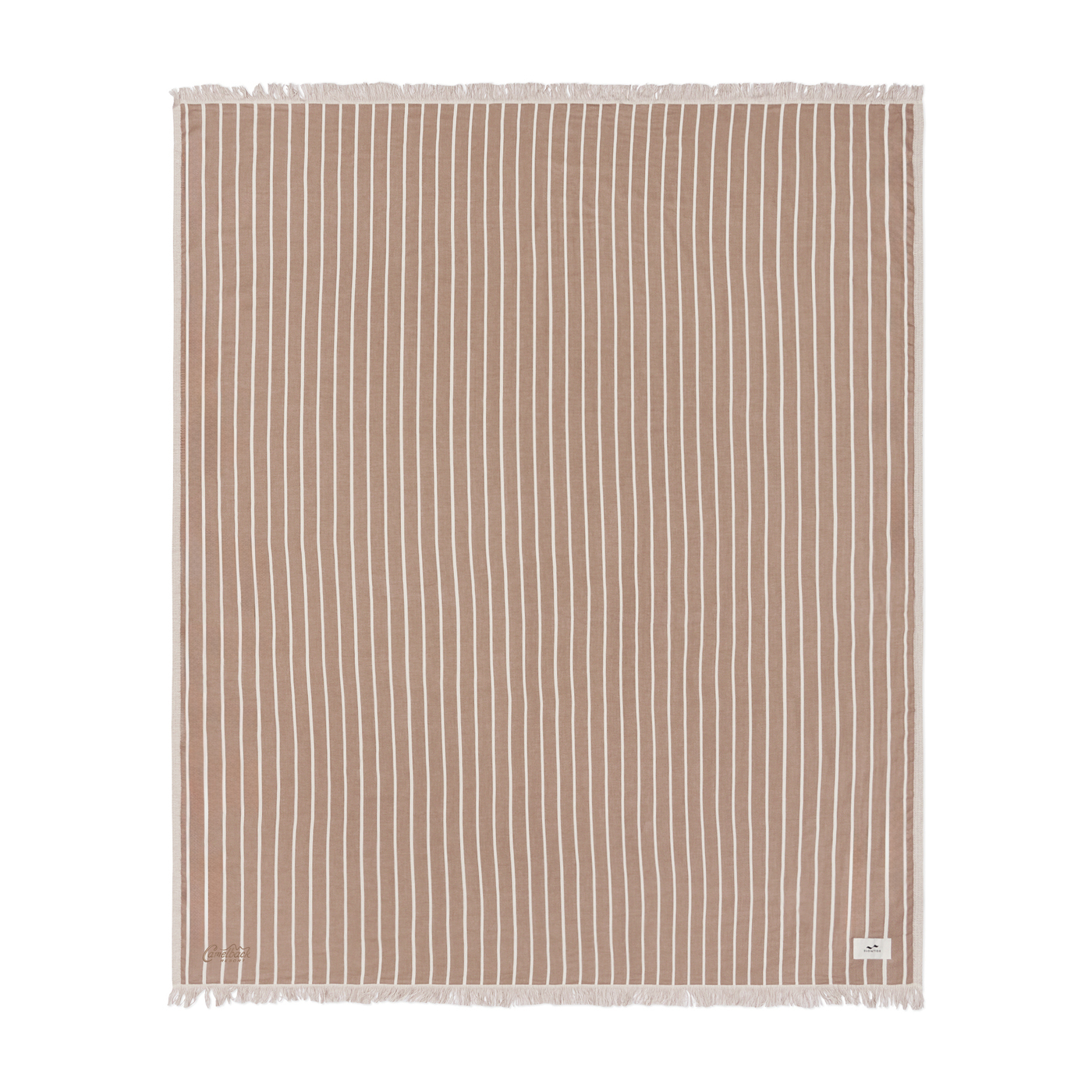 Koko Mousse Slowtide® Driftweave Beach Blanket featuring a woven recycled fabric with a striped pattern, fringed edges, and a lightweight oversized design for the beach, picnics, camping, and outdoor lounging.