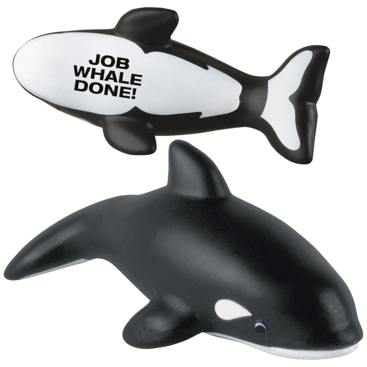 Killer whale-shaped polyurethane stress reliever toy.