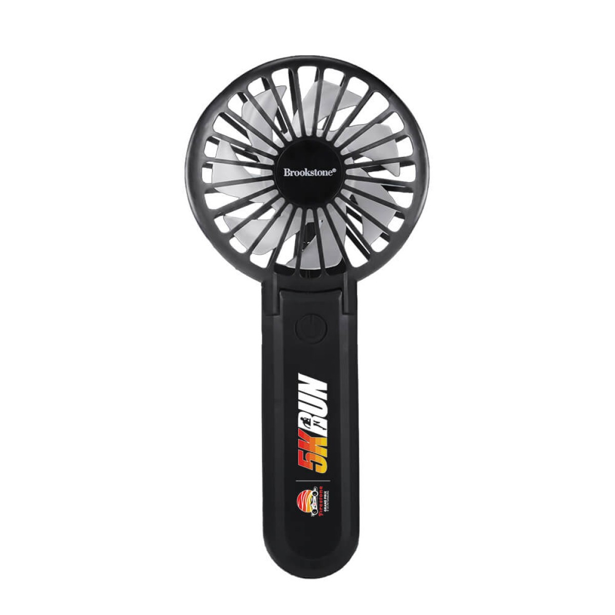 Black Brookstone® Handheld Portable Fan, compact rechargeable plastic personal fan with a round multi-blade fan head, ergonomic handle, and portable design for cooling at home, the office, travel, and outdoor activities.