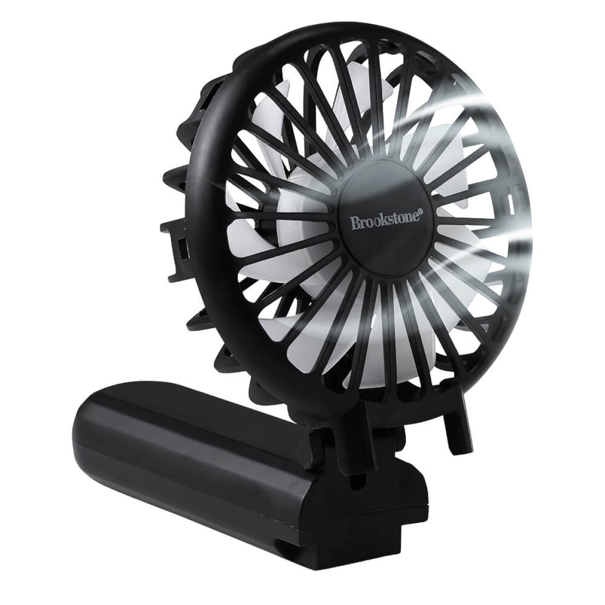 Black Brookstone® Handheld Portable Fan, compact rechargeable plastic personal fan with a round multi-blade fan head, ergonomic handle, and portable design for cooling at home, the office, travel, and outdoor activities.
